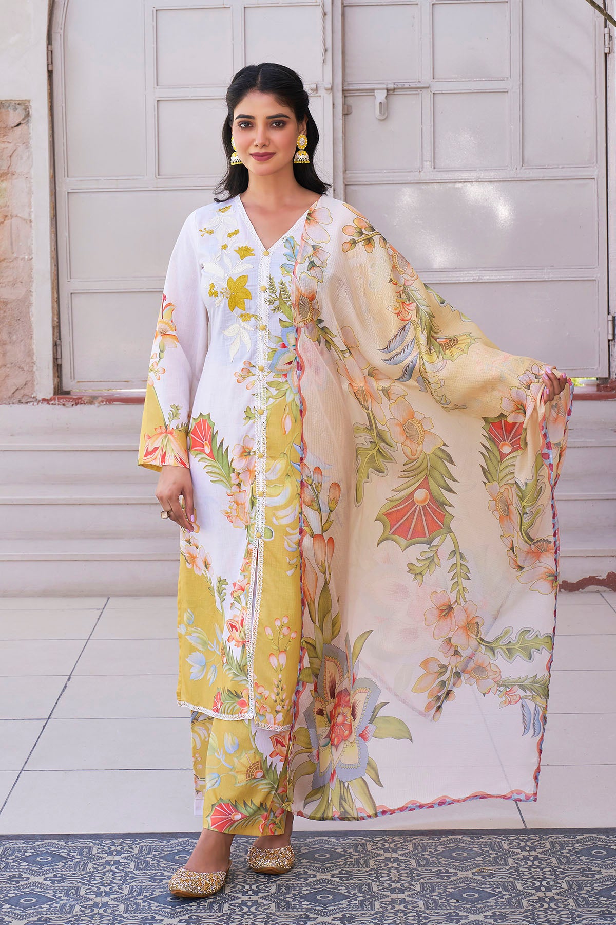 Yellow Cotton Printed Straight Suit