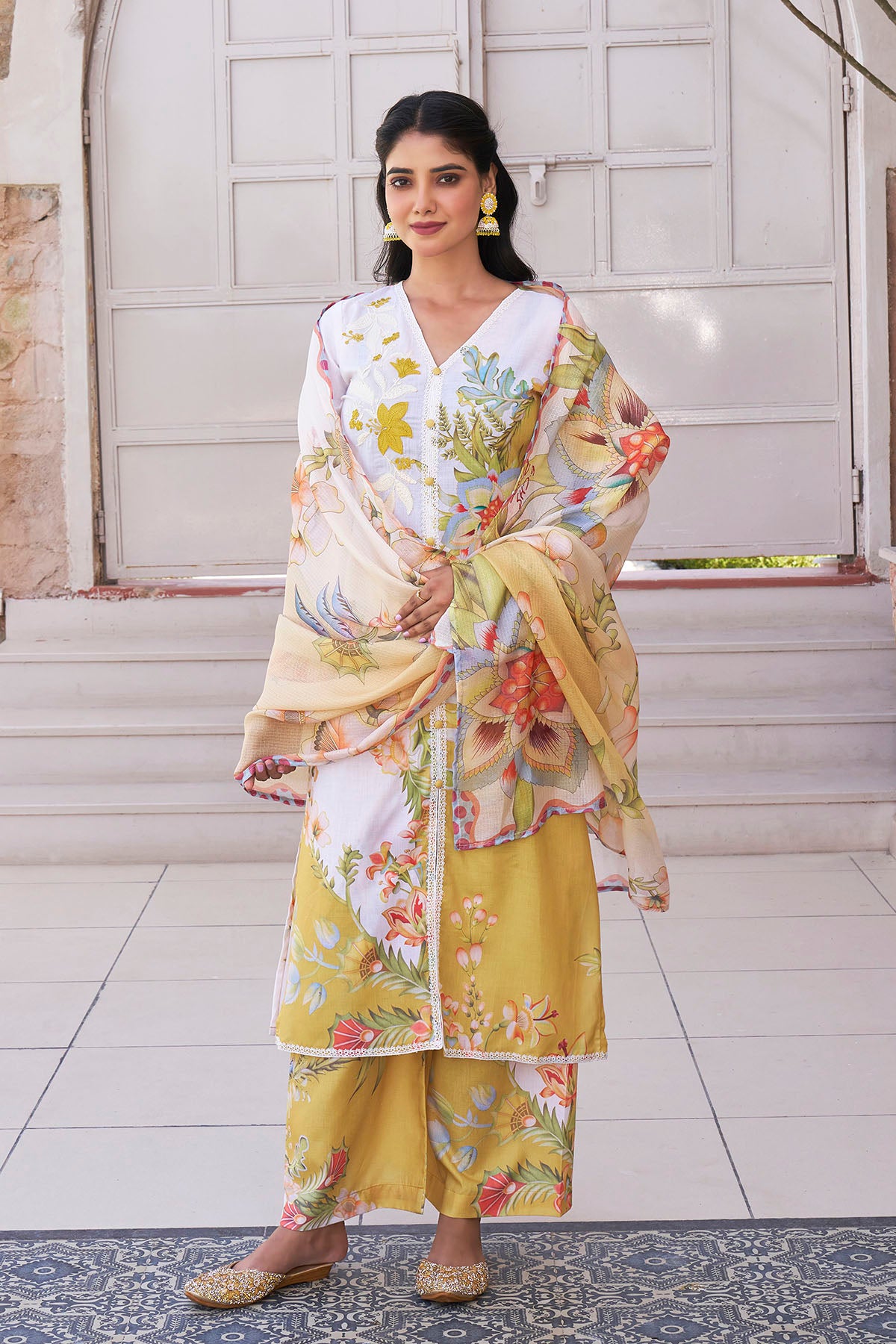 Yellow Cotton Printed Straight Suit