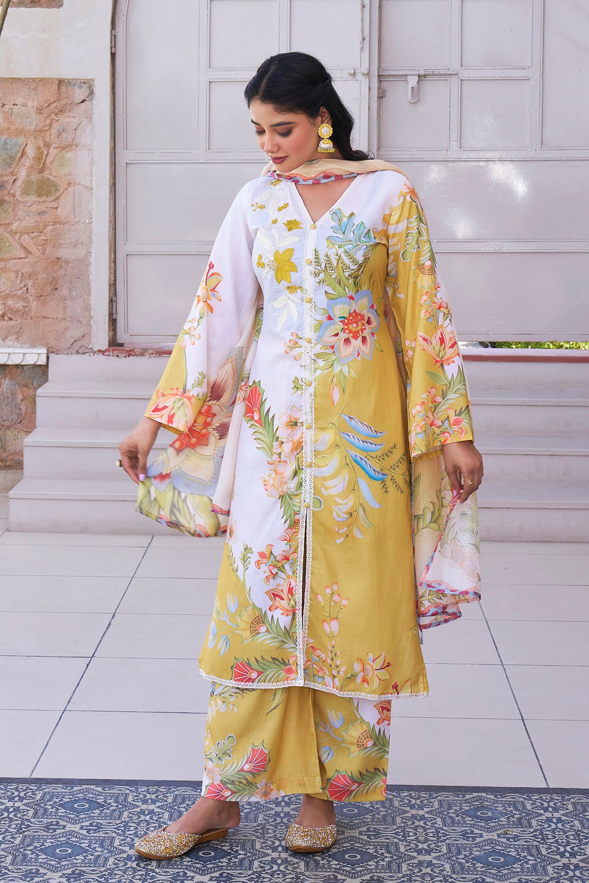 Yellow Cotton Printed Straight Suit