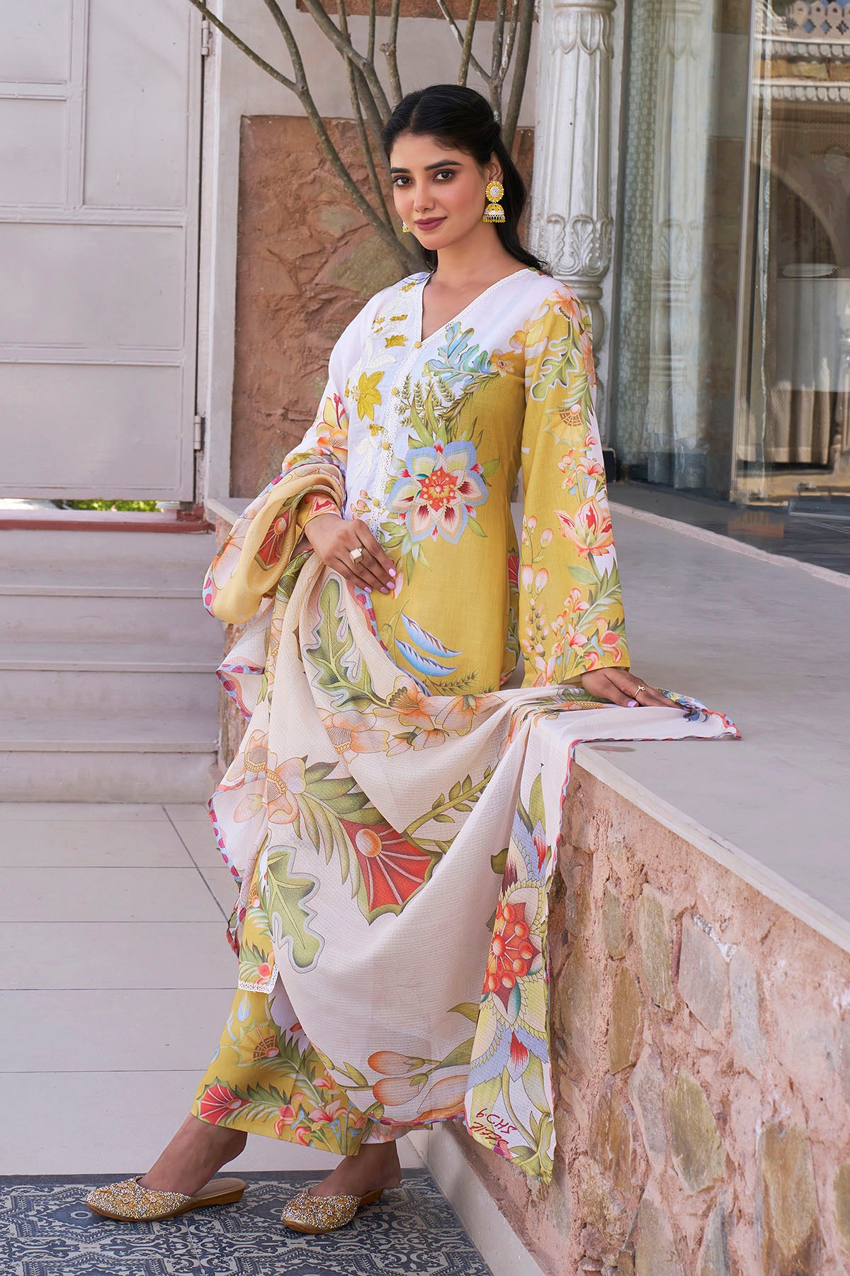 Yellow Cotton Printed Straight Suit