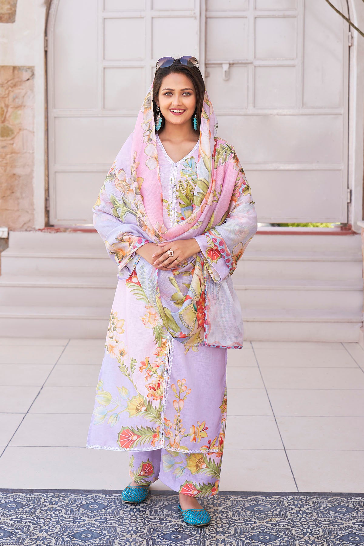 Lavender Cotton Printed Straight Suit