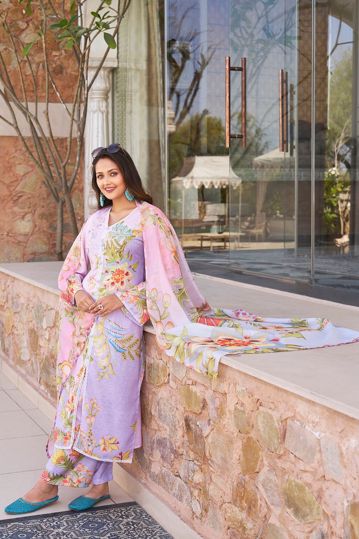 Lavender Cotton Printed Straight Suit