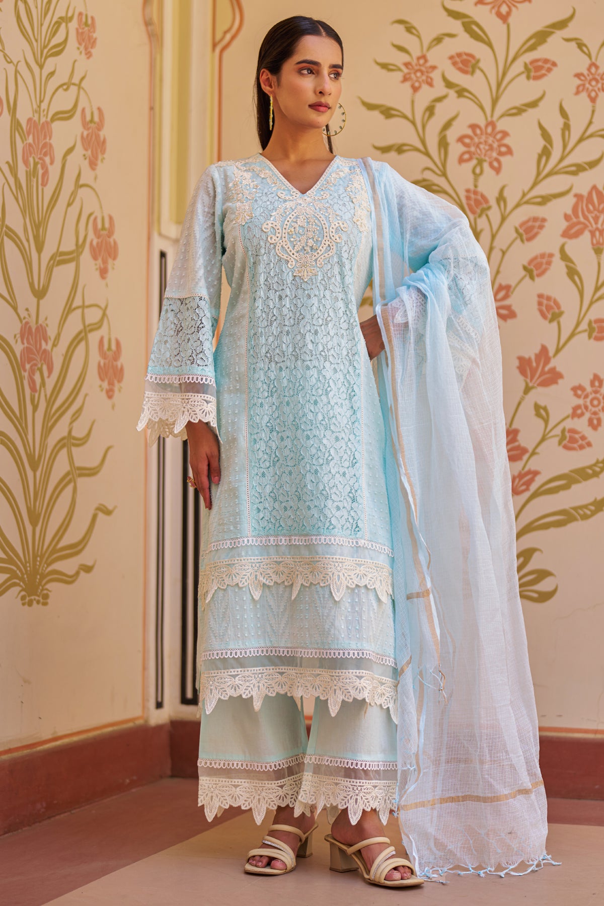 Sky Blue Cotton Embroidered Suit Set