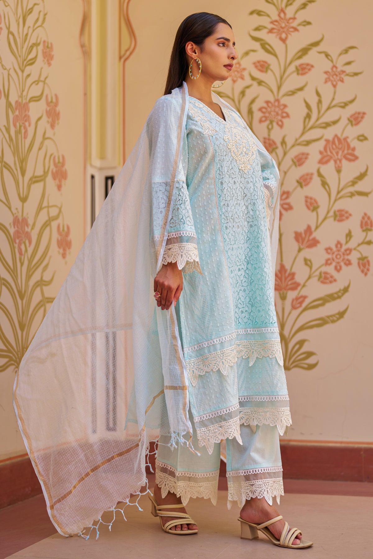 Sky Blue Cotton Embroidered Suit Set