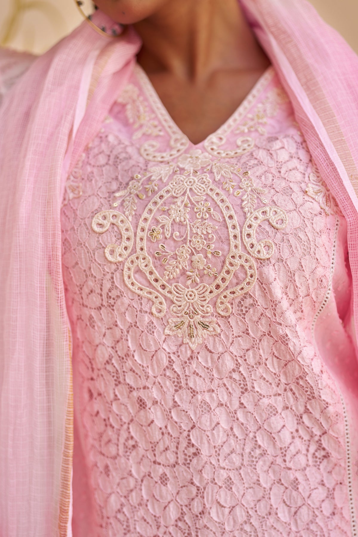 Pink Cotton Embroidered Suit Set