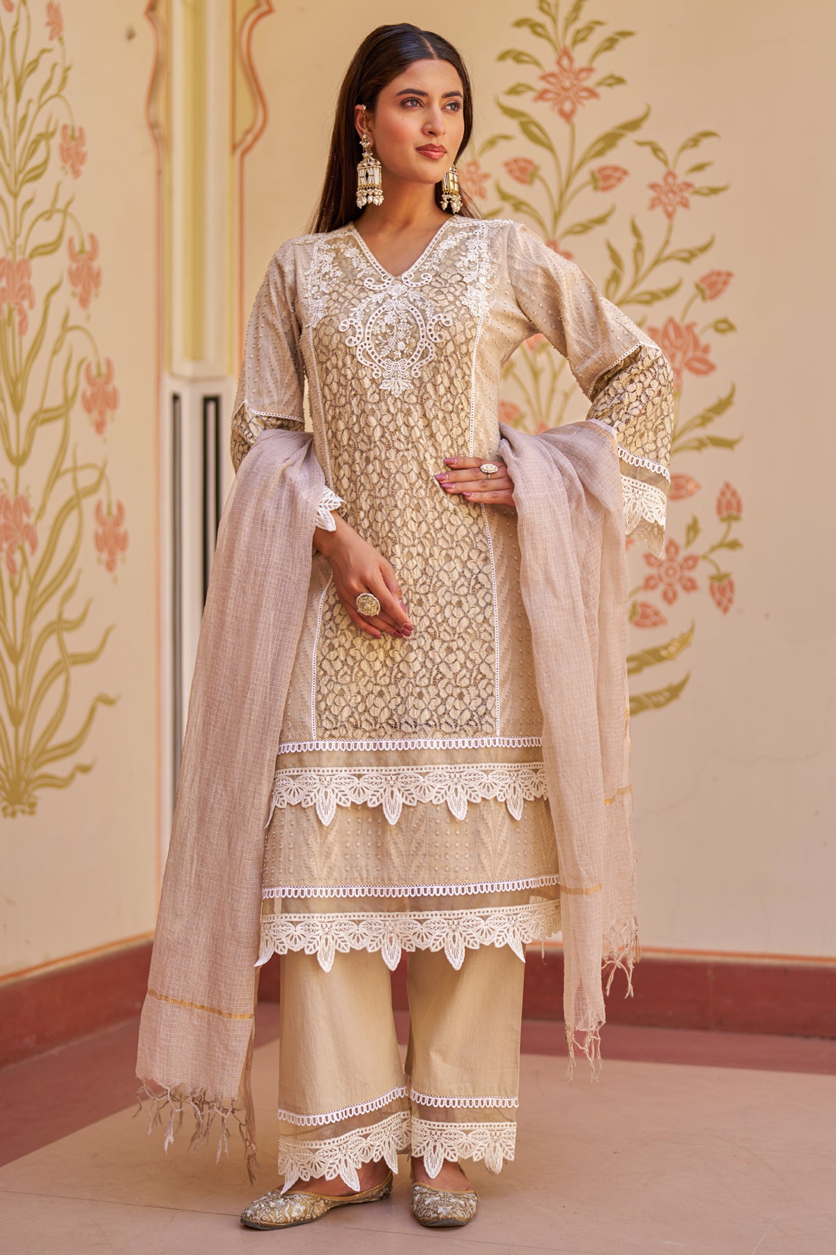 Beige Cotton Embroidered Suit Set