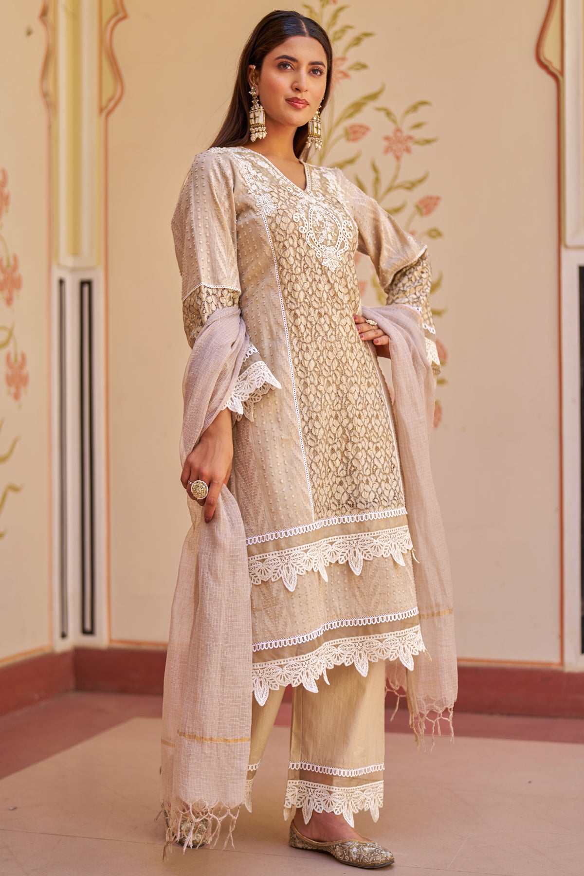 Beige Cotton Embroidered Suit Set
