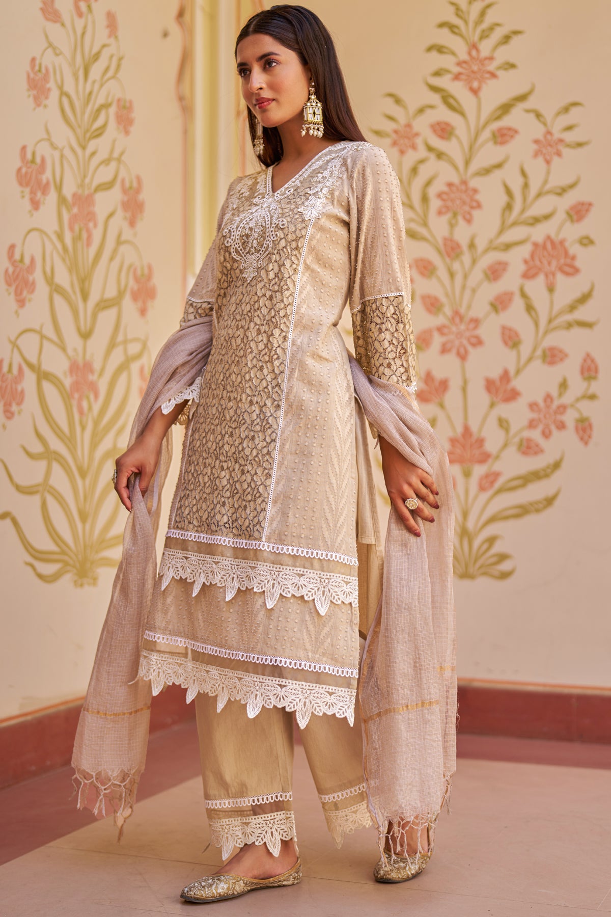 Beige Cotton Embroidered Suit Set