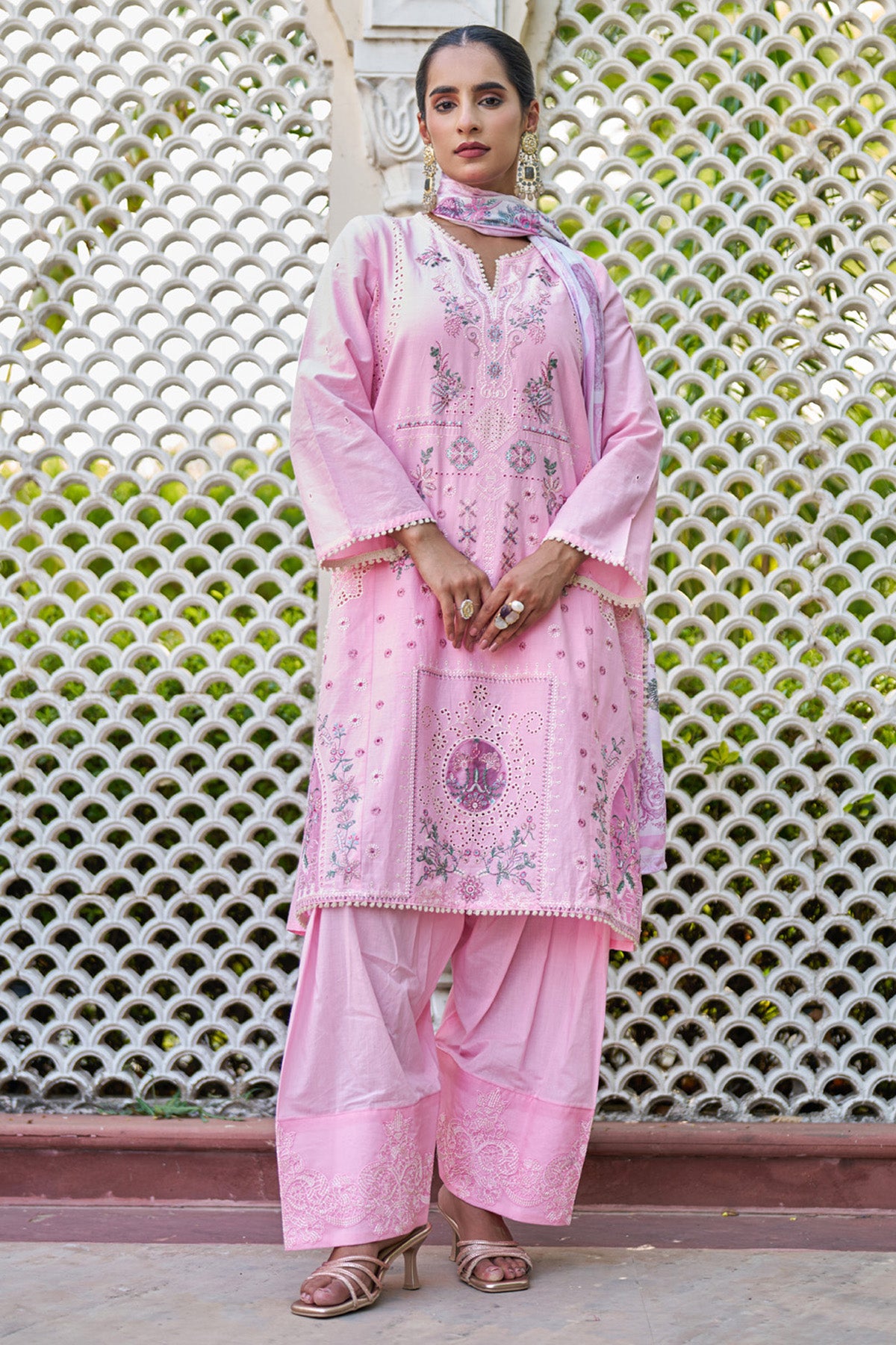 Pink cotton embroidered Farshi Suit Set With Dupatta