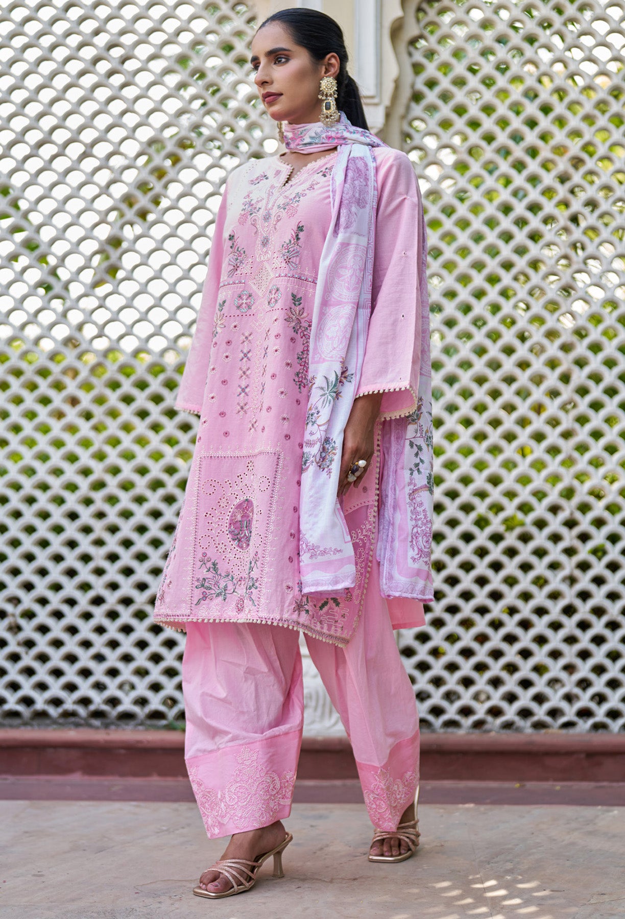 Pink cotton embroidered Farshi Suit Set With Dupatta