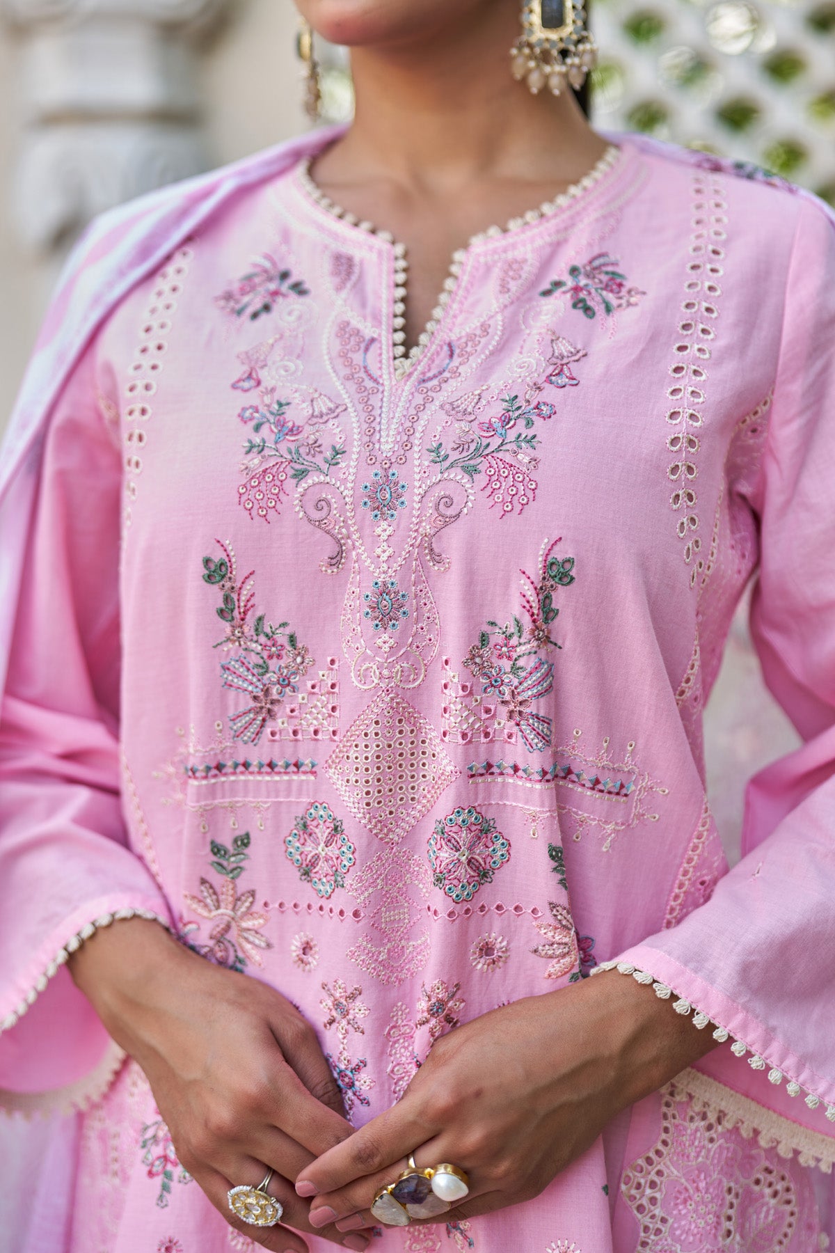 Pink cotton embroidered Farshi Suit Set With Dupatta