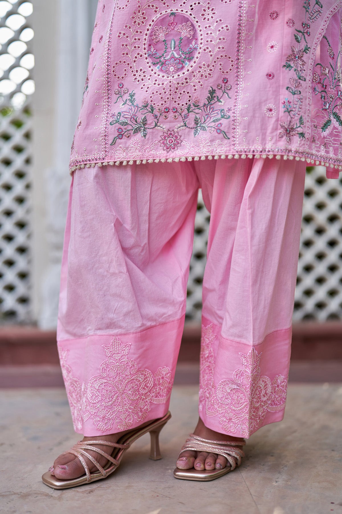 Pink cotton embroidered Farshi Suit Set With Dupatta