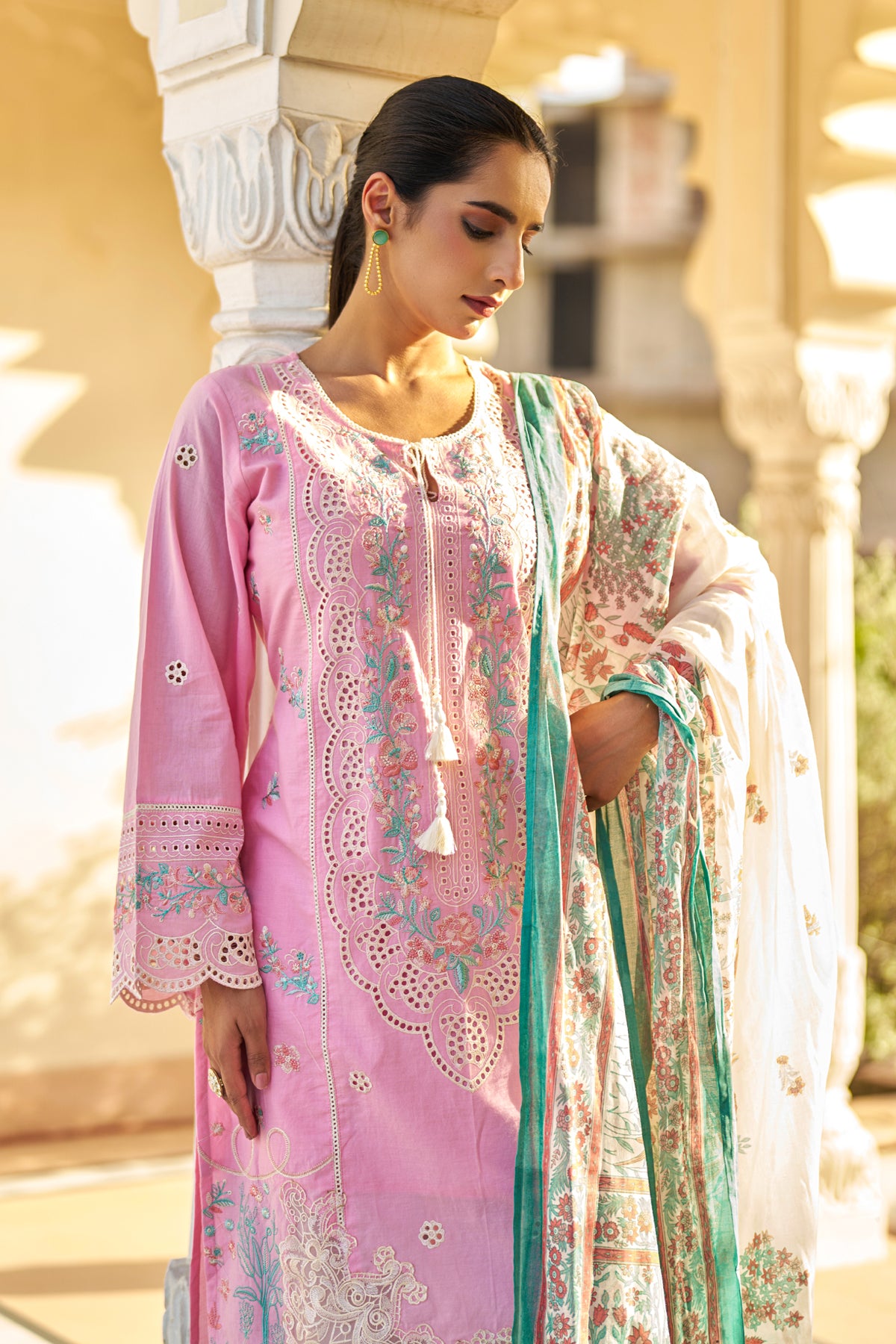 Pink Cotton Embroidered Suit Set