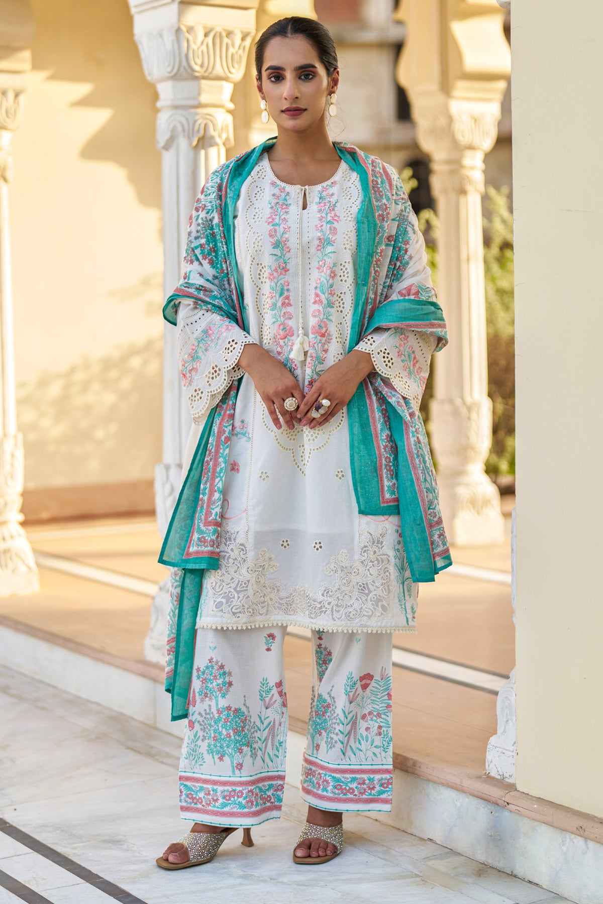 White Cotton Embroidered Suit Set