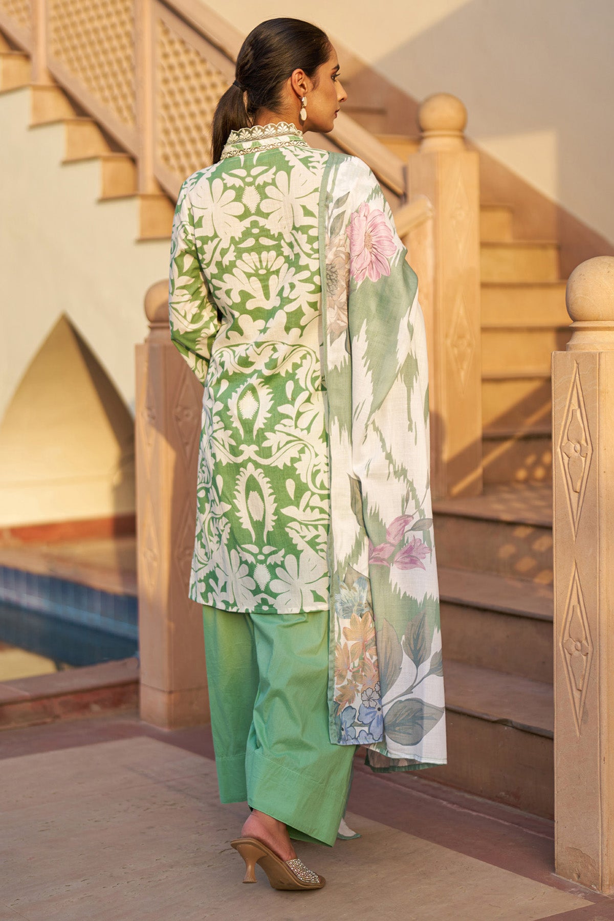 Green cotton embroidered Farshi Suit Set With Dupatta