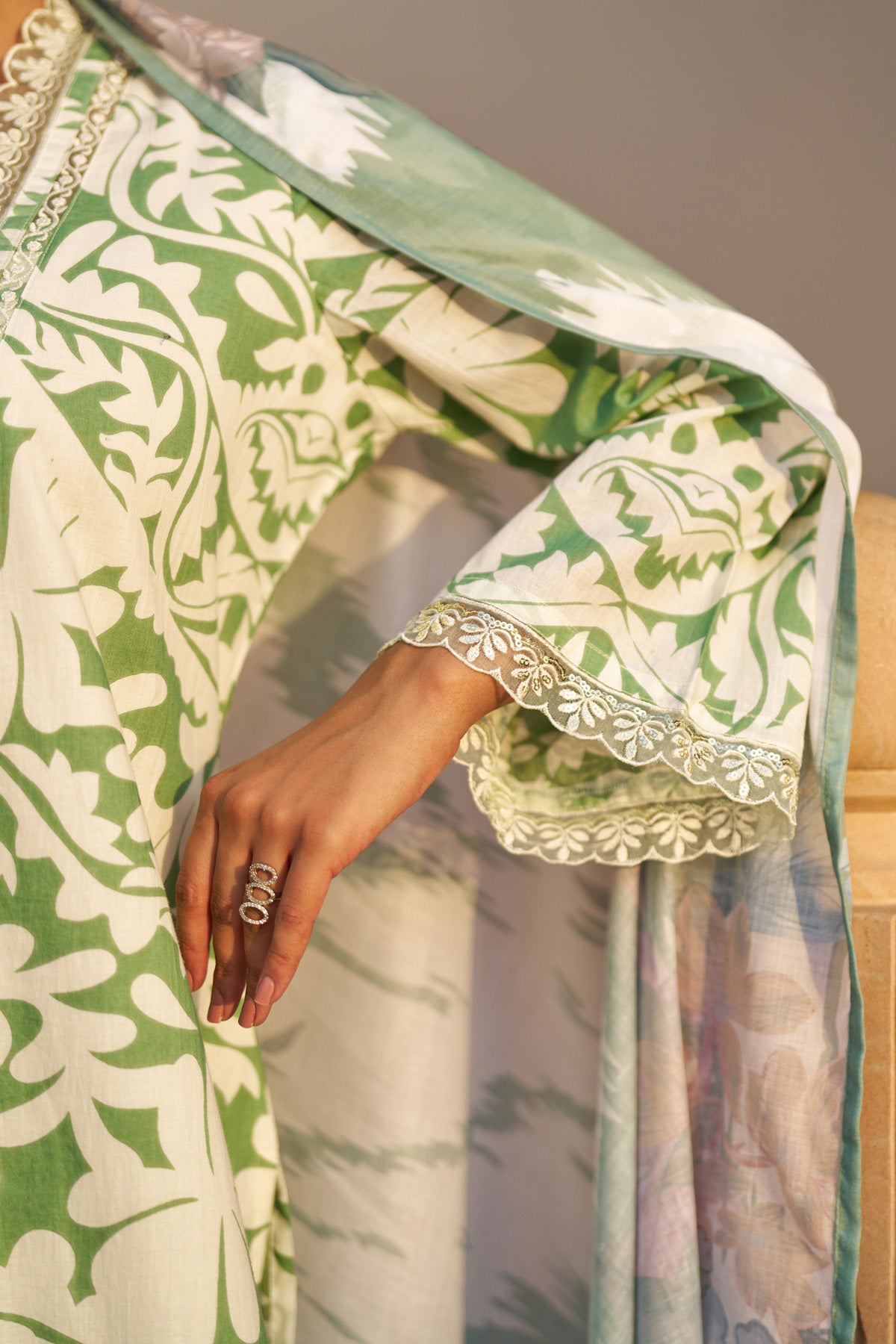 Green cotton embroidered Farshi Suit Set With Dupatta