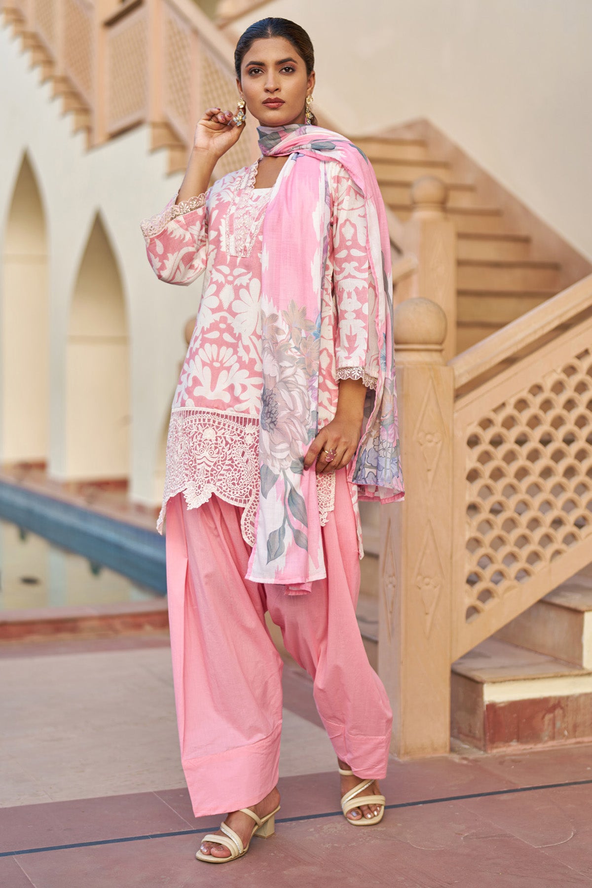 pink cotton embroidered Farshi Suit Set With Dupatta