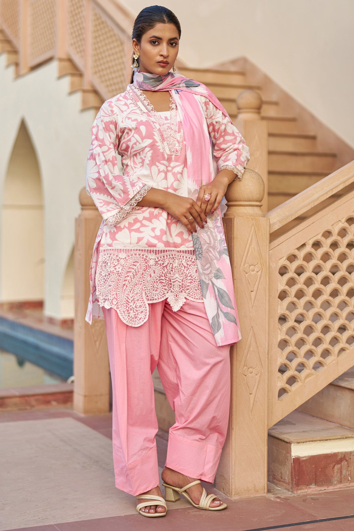 pink cotton embroidered Farshi Suit Set With Dupatta