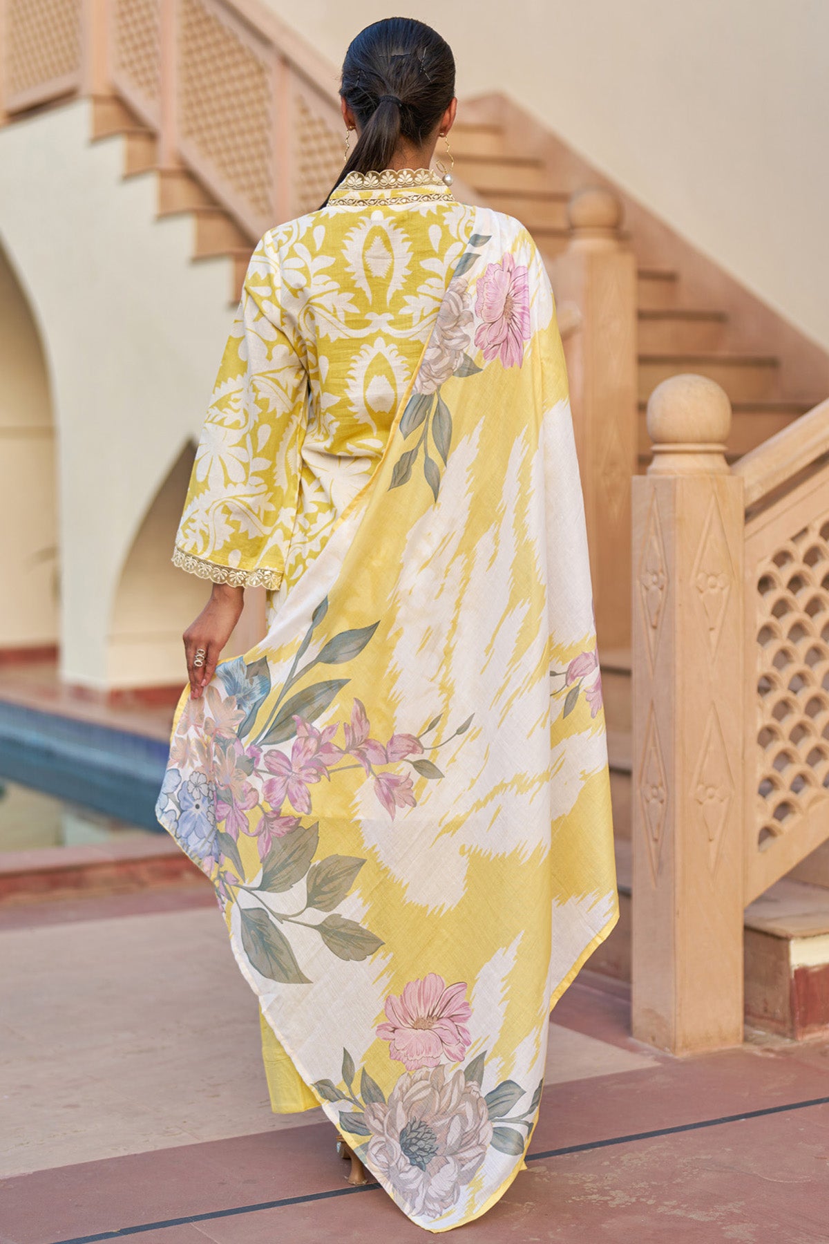 Yellow cotton embroidered Farshi Suit Set With Dupatta