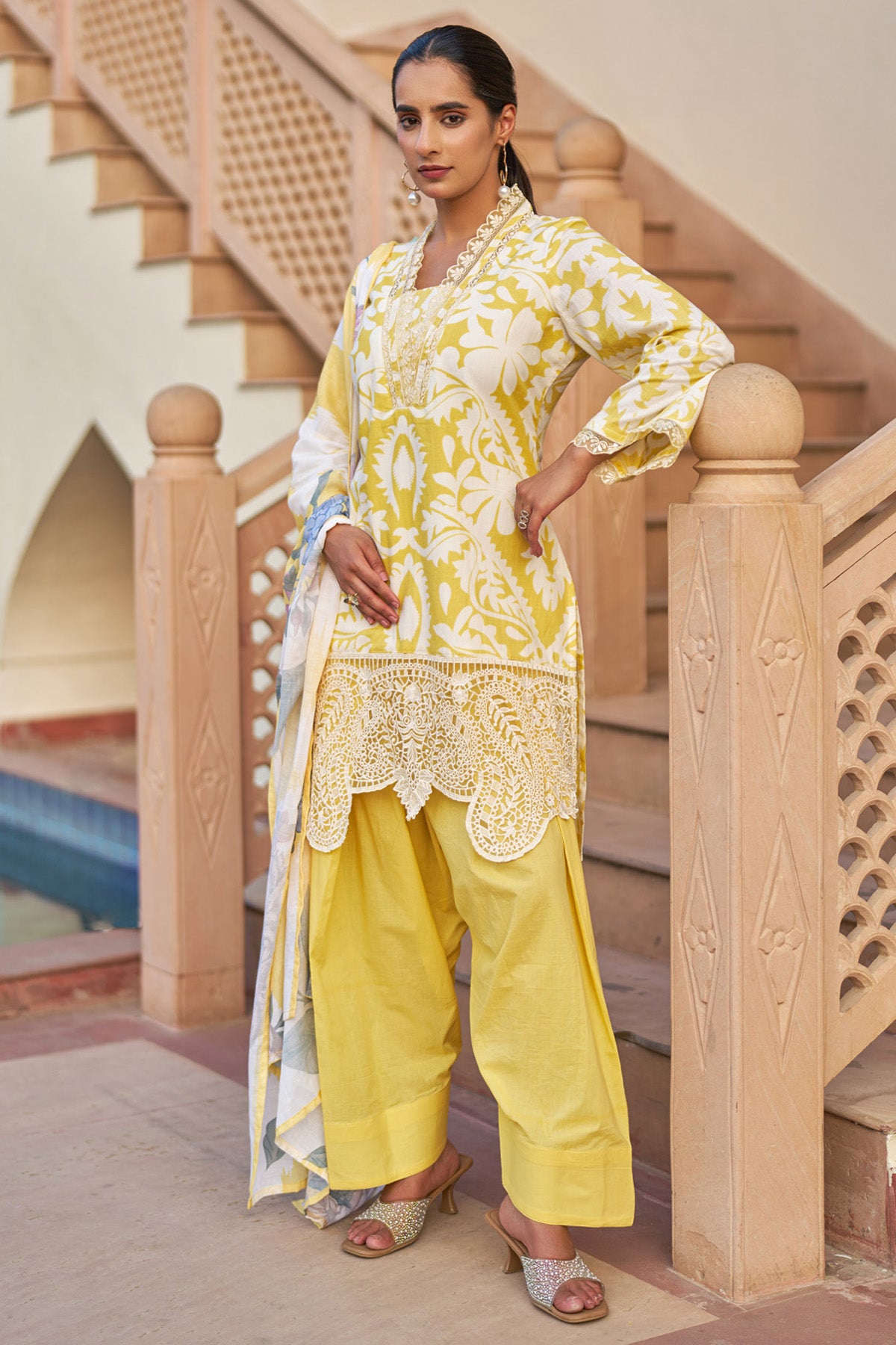 Yellow cotton embroidered Farshi Suit Set With Dupatta