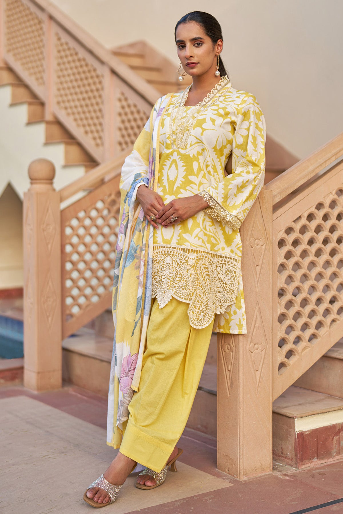 Yellow cotton embroidered Farshi Suit Set With Dupatta