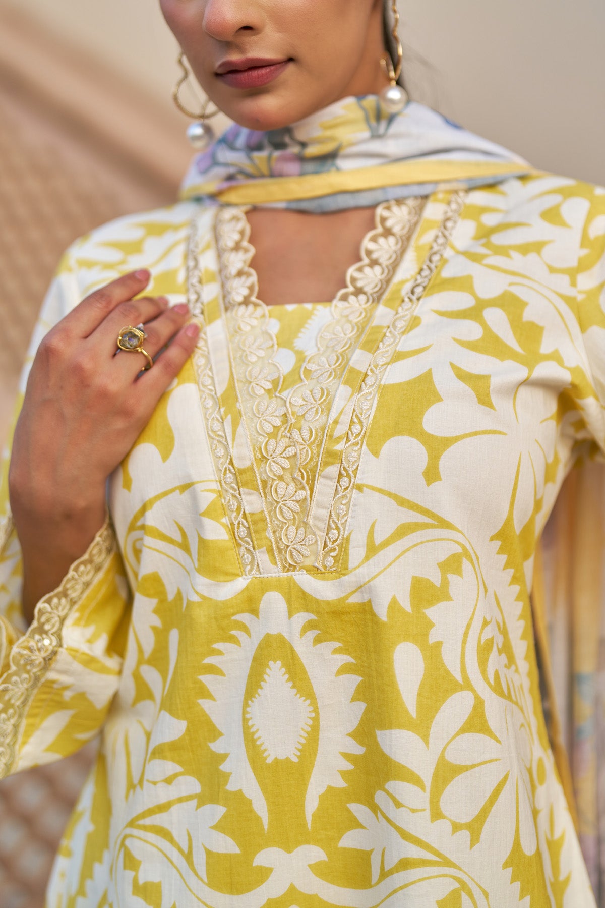 Yellow cotton embroidered Farshi Suit Set With Dupatta