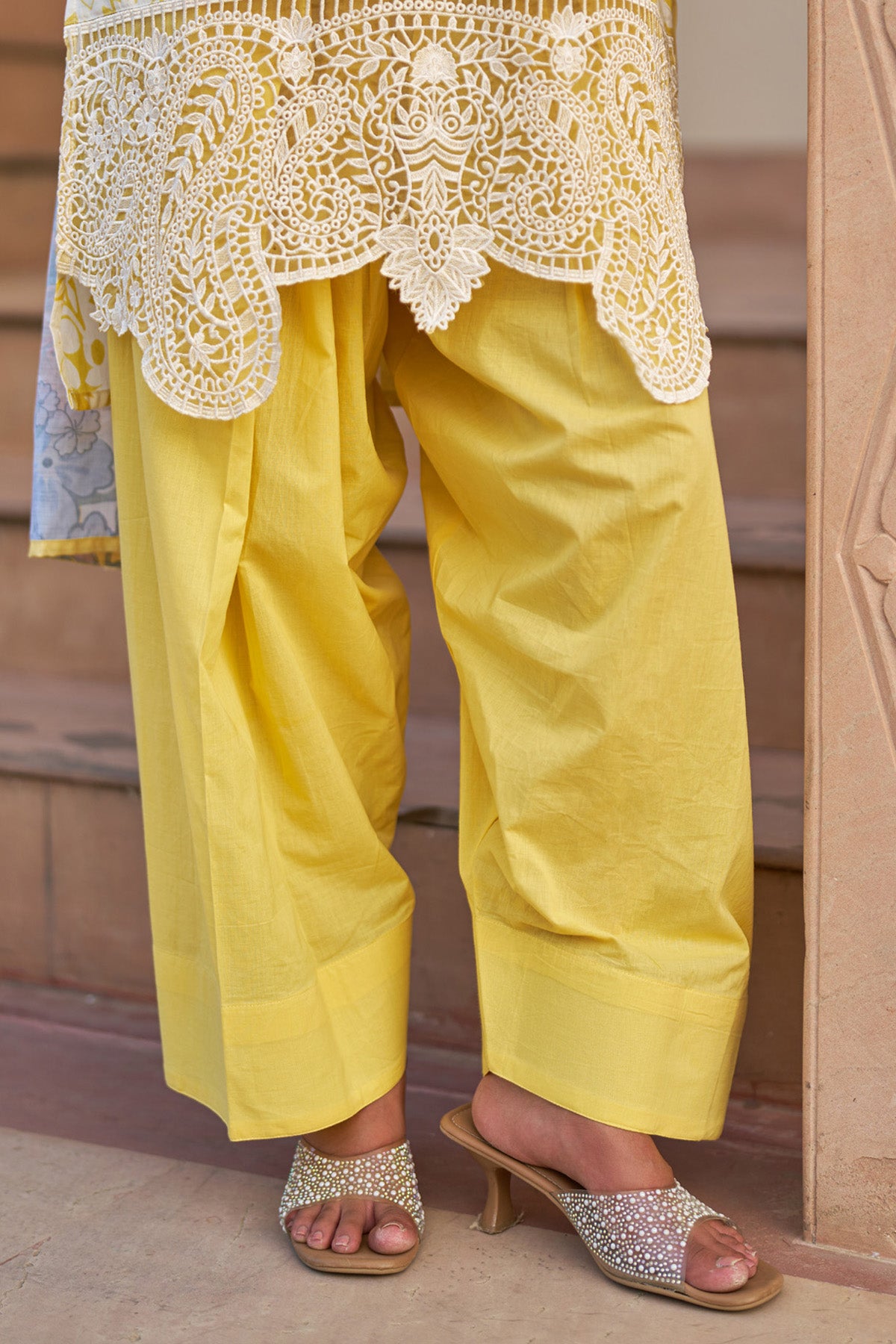 Yellow cotton embroidered Farshi Suit Set With Dupatta
