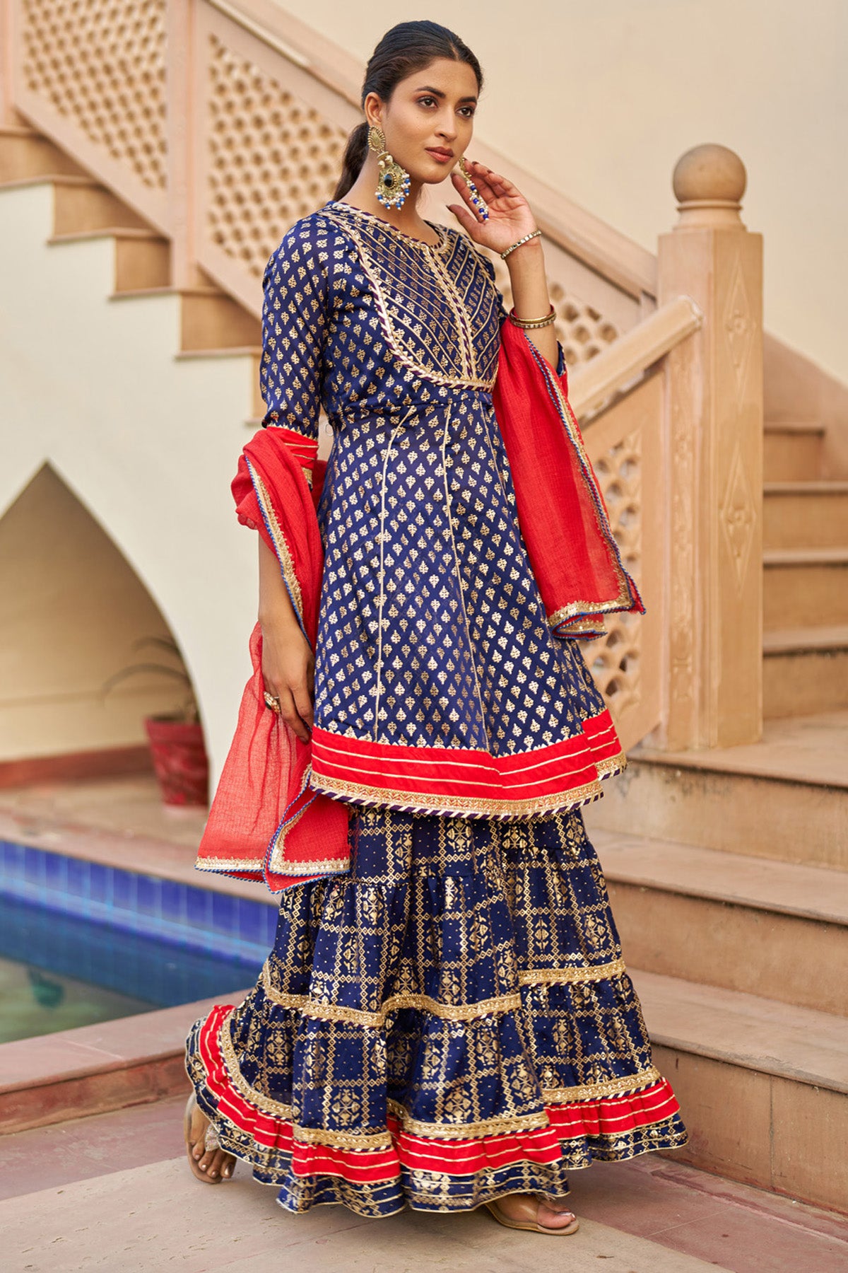 Blue Rayon Gotapatti Sharara Set With Dupatta