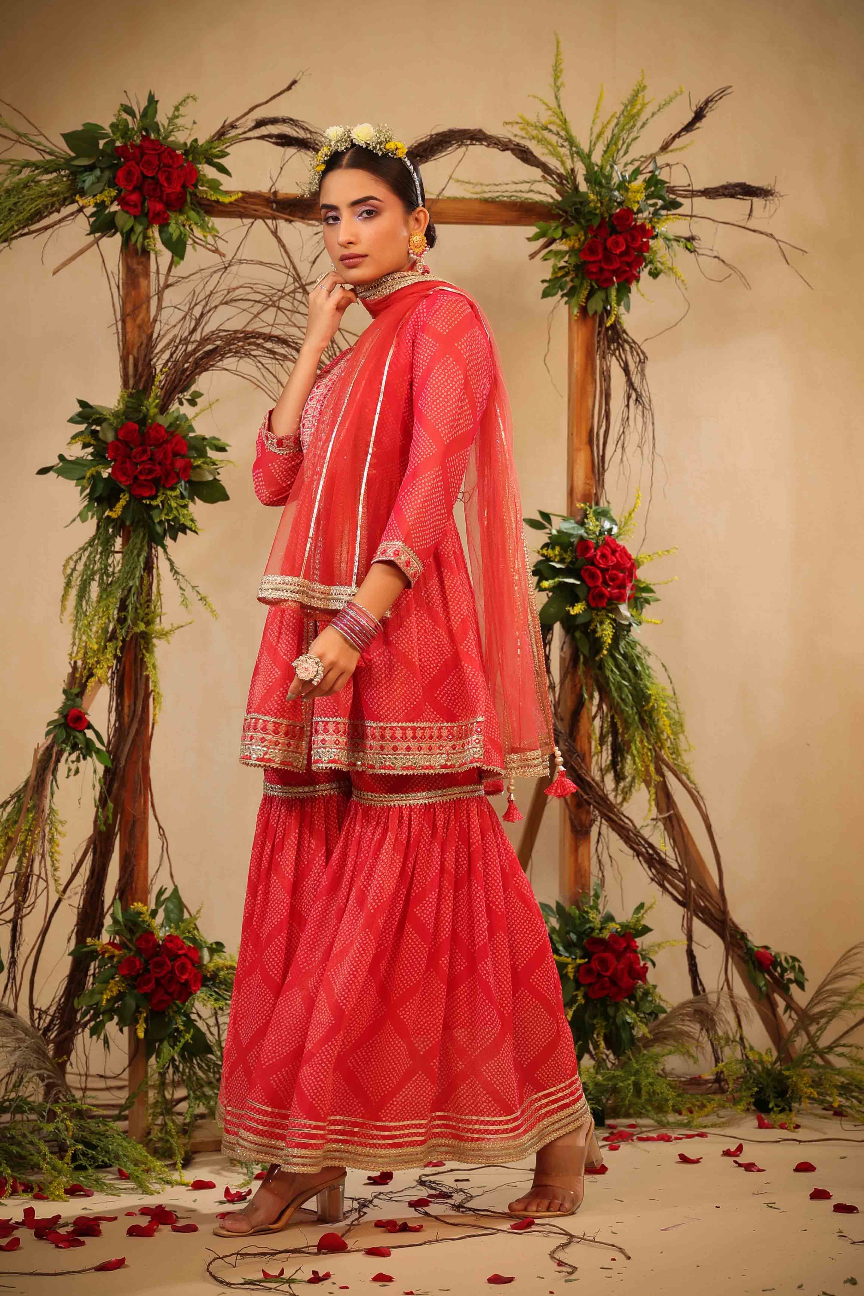 Red Chinon Gotapatti Sharara Set