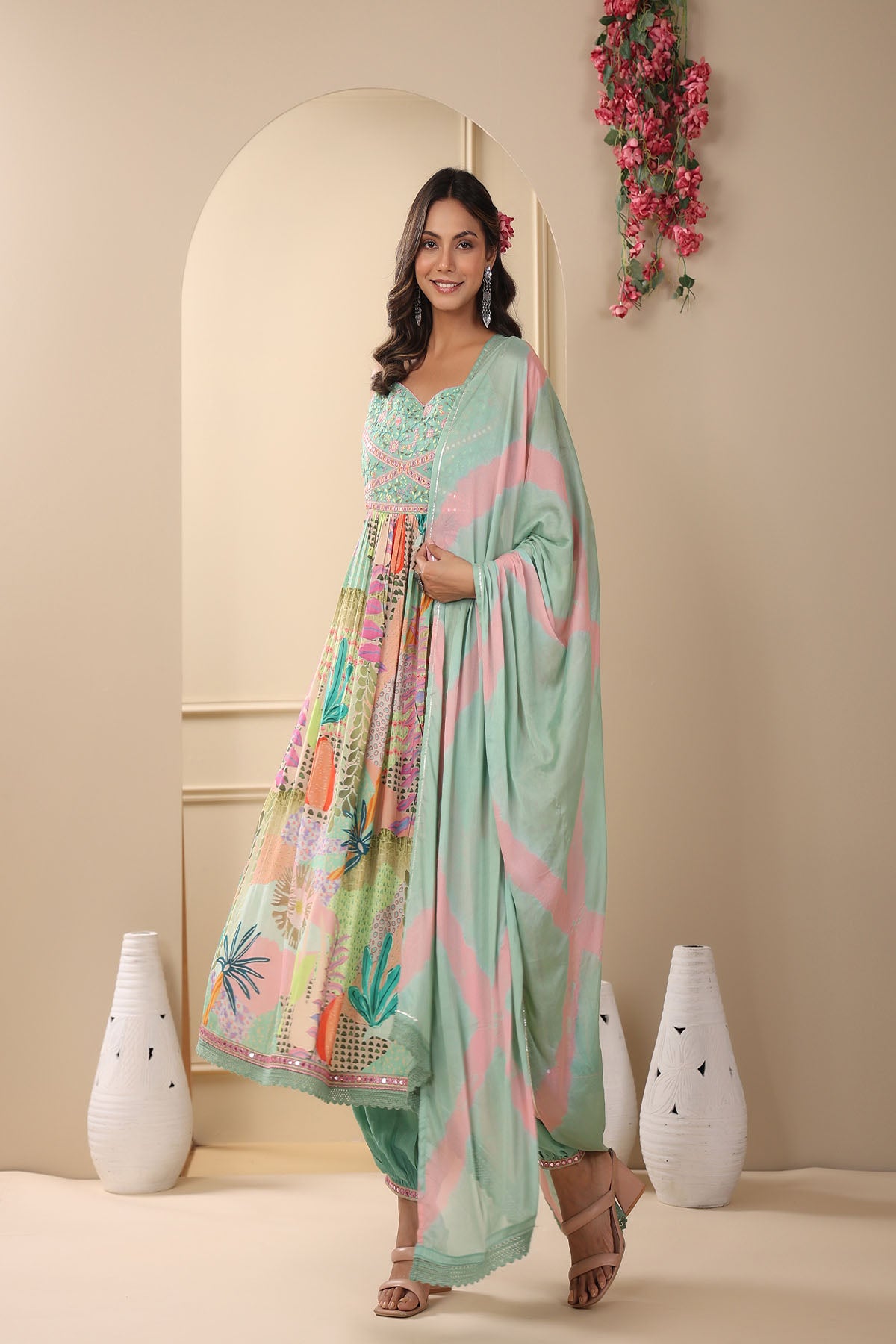 Green Muslin Embroidered Flared Suit Set