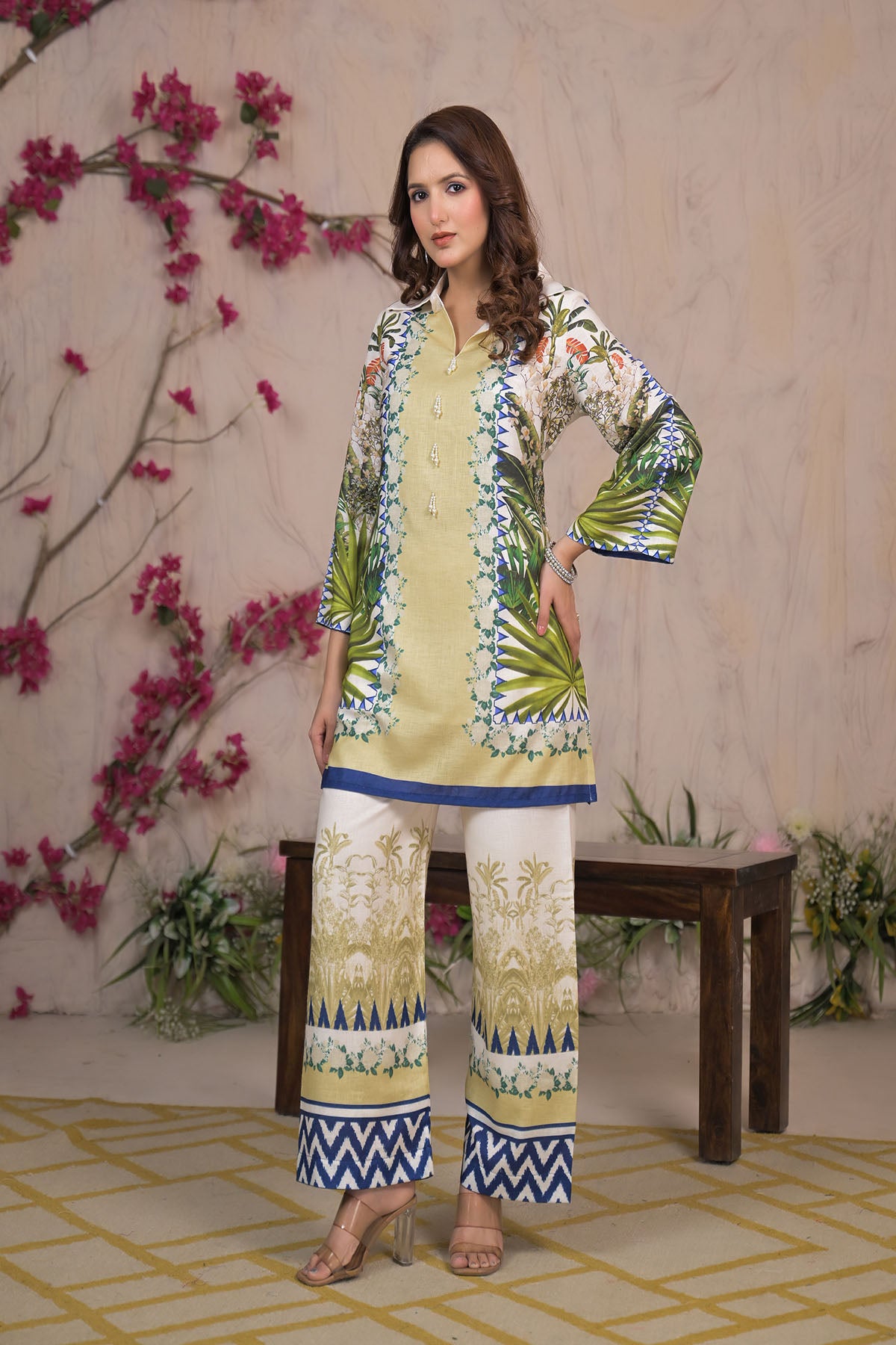 Green Linen Printed Co-Ord Set