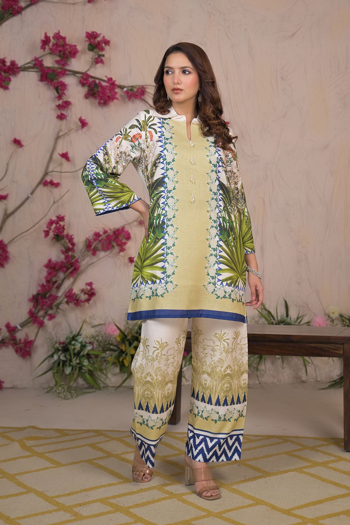 Green Linen Printed Co-Ord Set