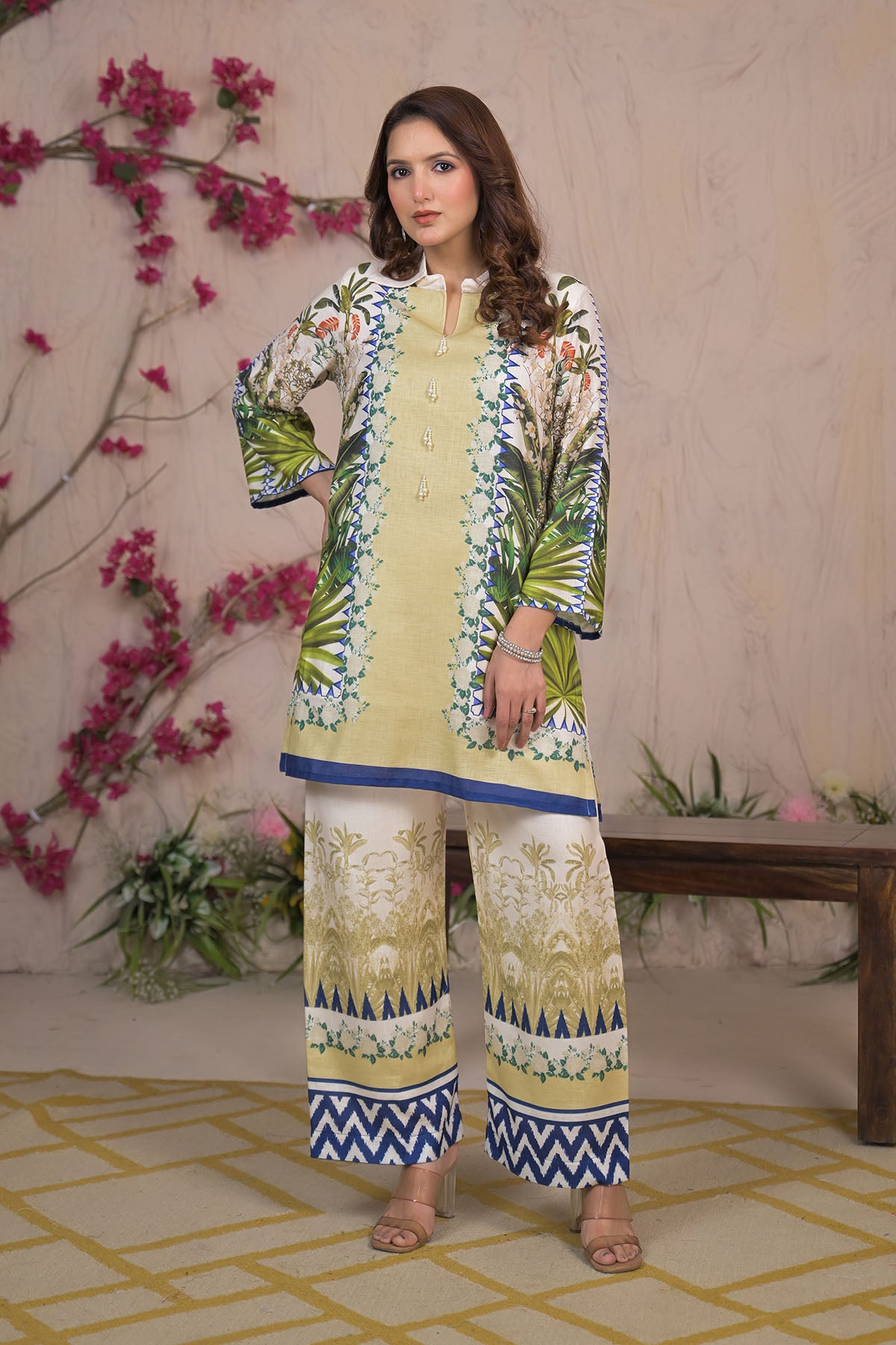 Green Linen Printed Co-Ord Set