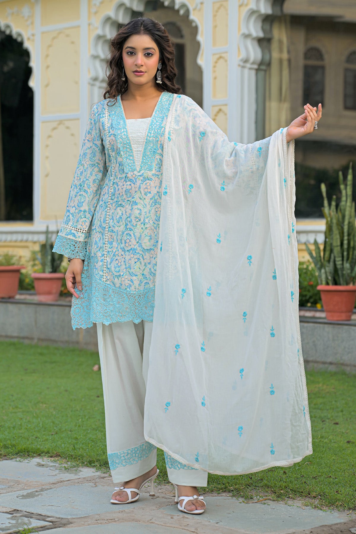 Sky Blue Cotton Handwork Suit Set