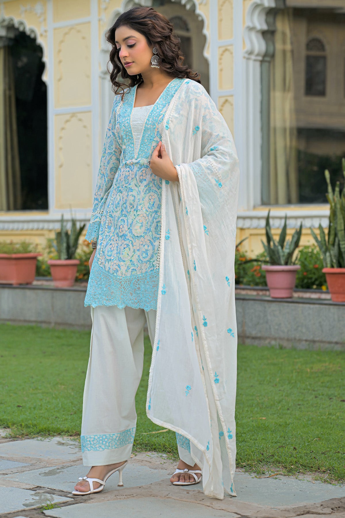 Sky Blue Cotton Handwork Suit Set