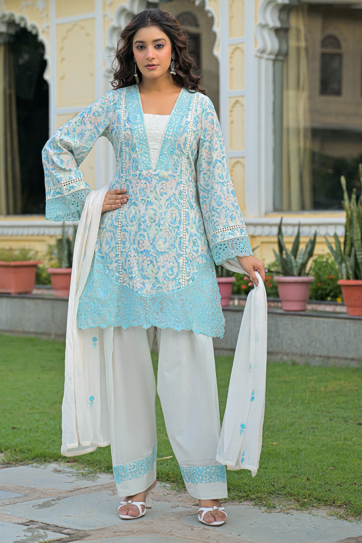 Sky Blue Cotton Handwork Suit Set