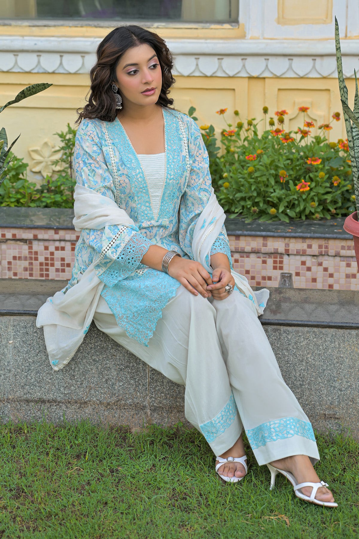 Sky Blue Cotton Handwork Suit Set