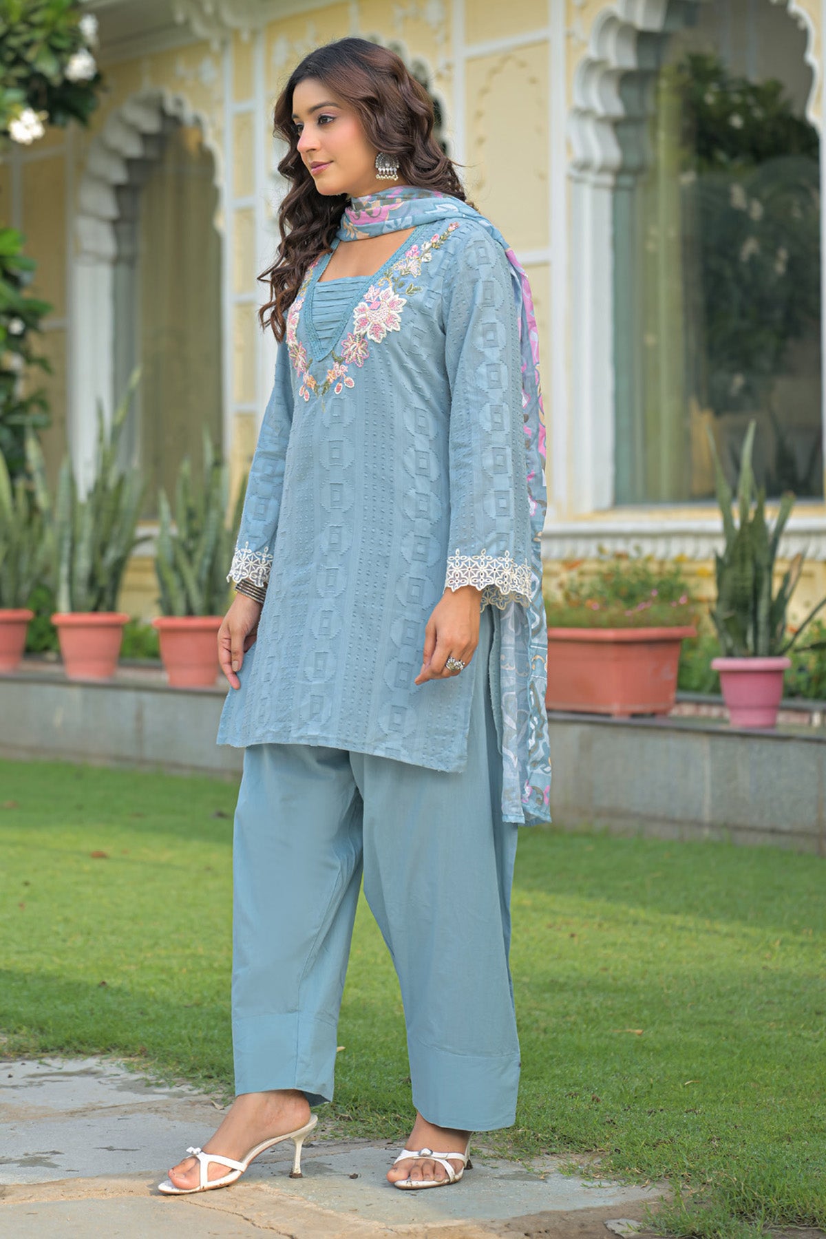 Blue Cotton Handwork Suit Set With Dupatta