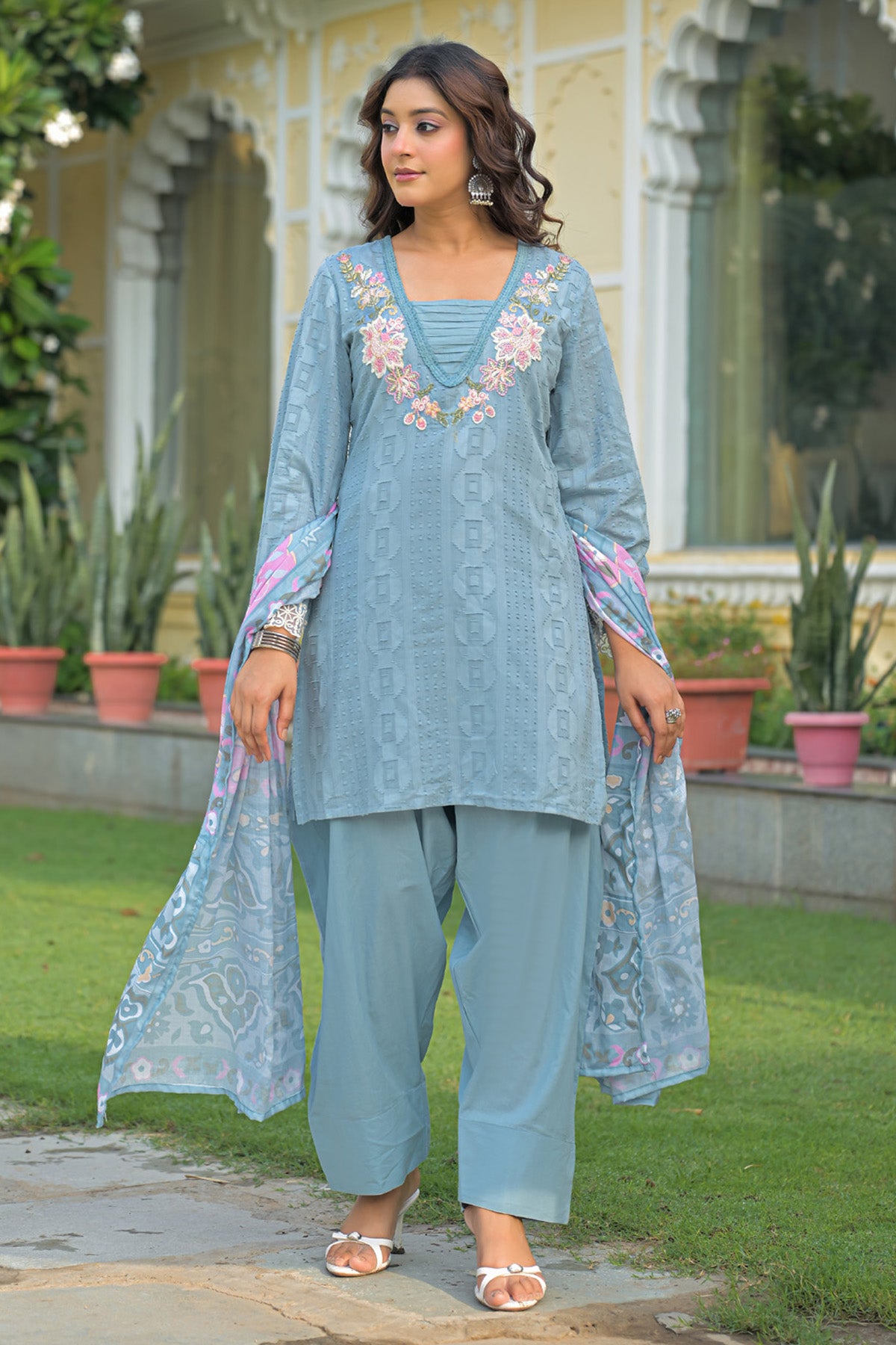 Blue Cotton Handwork Suit Set With Dupatta