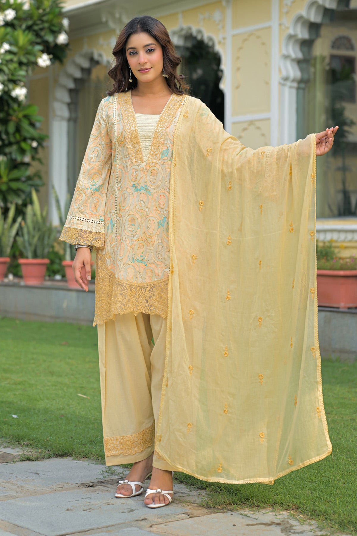 Yellow Cotton Handwork Suit Set