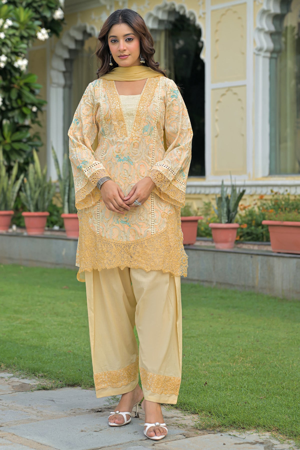 Yellow Cotton Handwork Suit Set