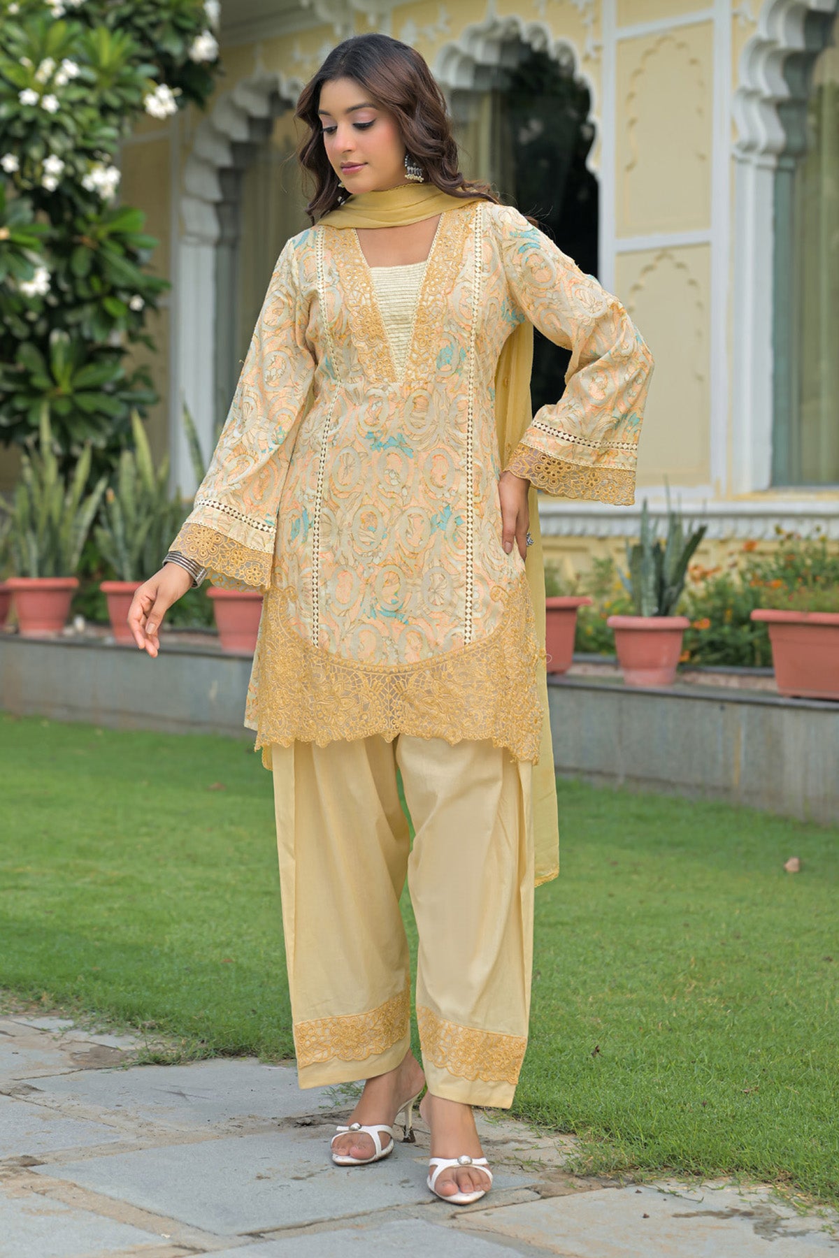 Yellow Cotton Handwork Suit Set