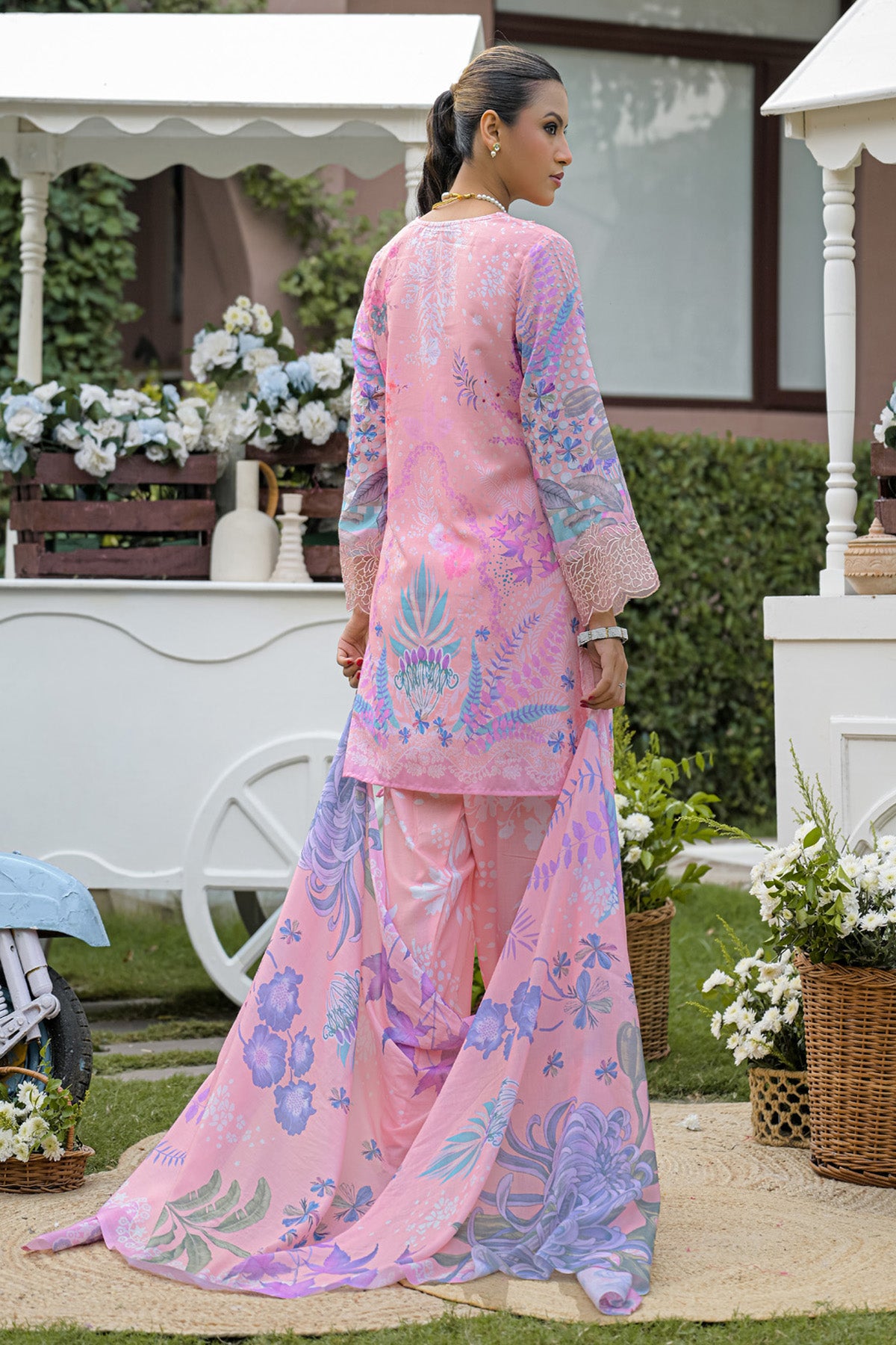 Peach Pink Cotton Printed Embroidered Farshi Suit Set With Dupatta