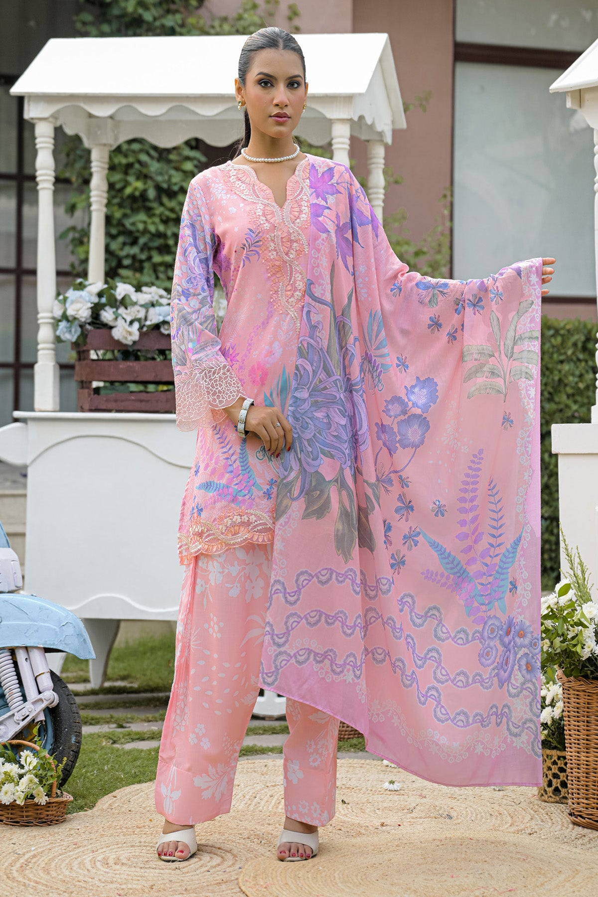 Peach Pink Cotton Printed Embroidered Farshi Suit Set With Dupatta