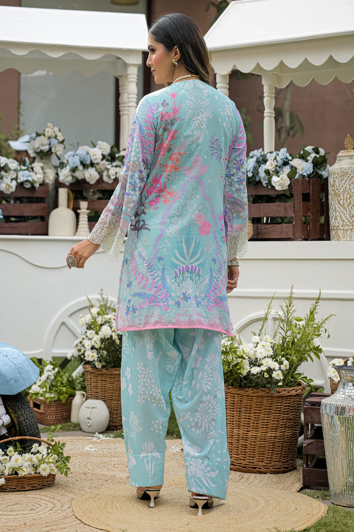 Aqua Blue Cotton Printed Embroidered Farshi Suit Set With Dupatta