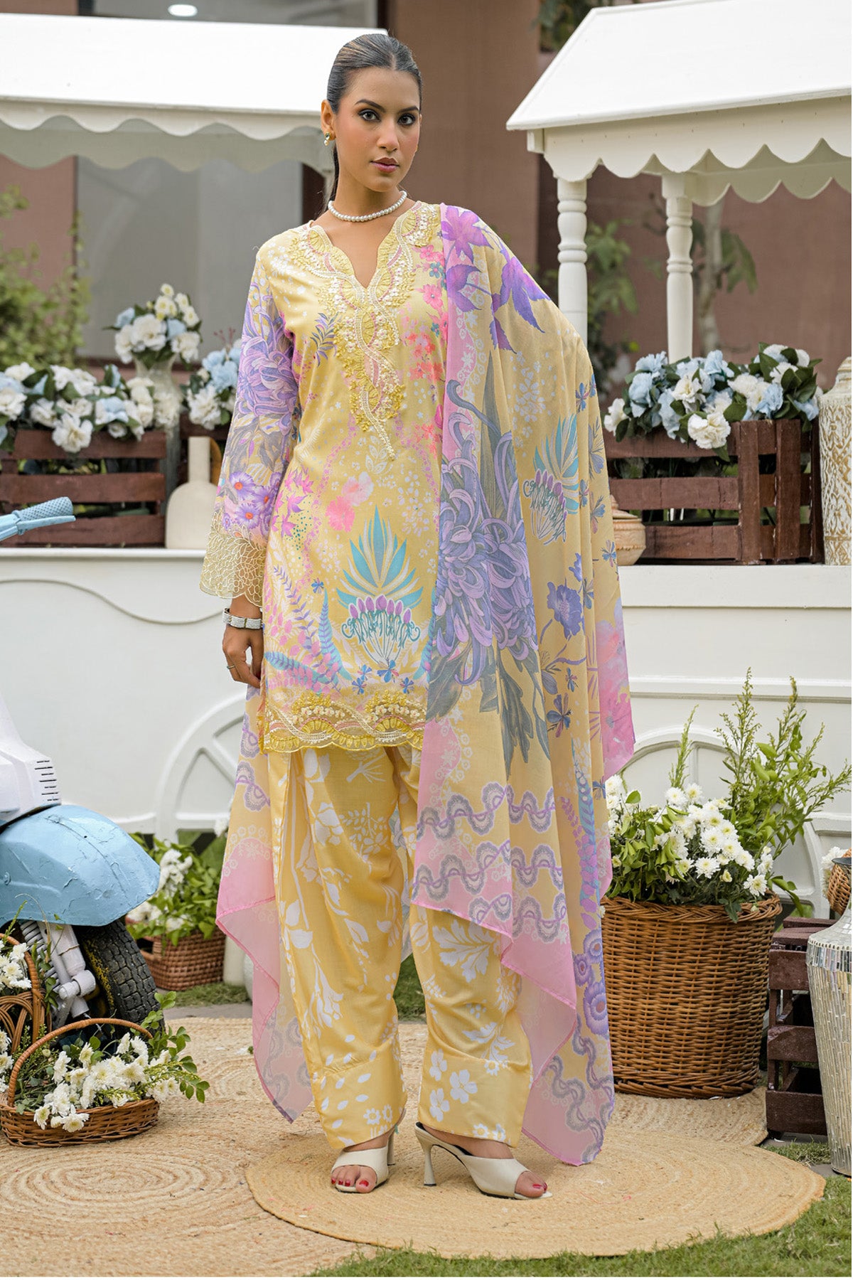 Pastel Yellow Cotton Printed Embroidered Farshi Suit Set With Dupatta