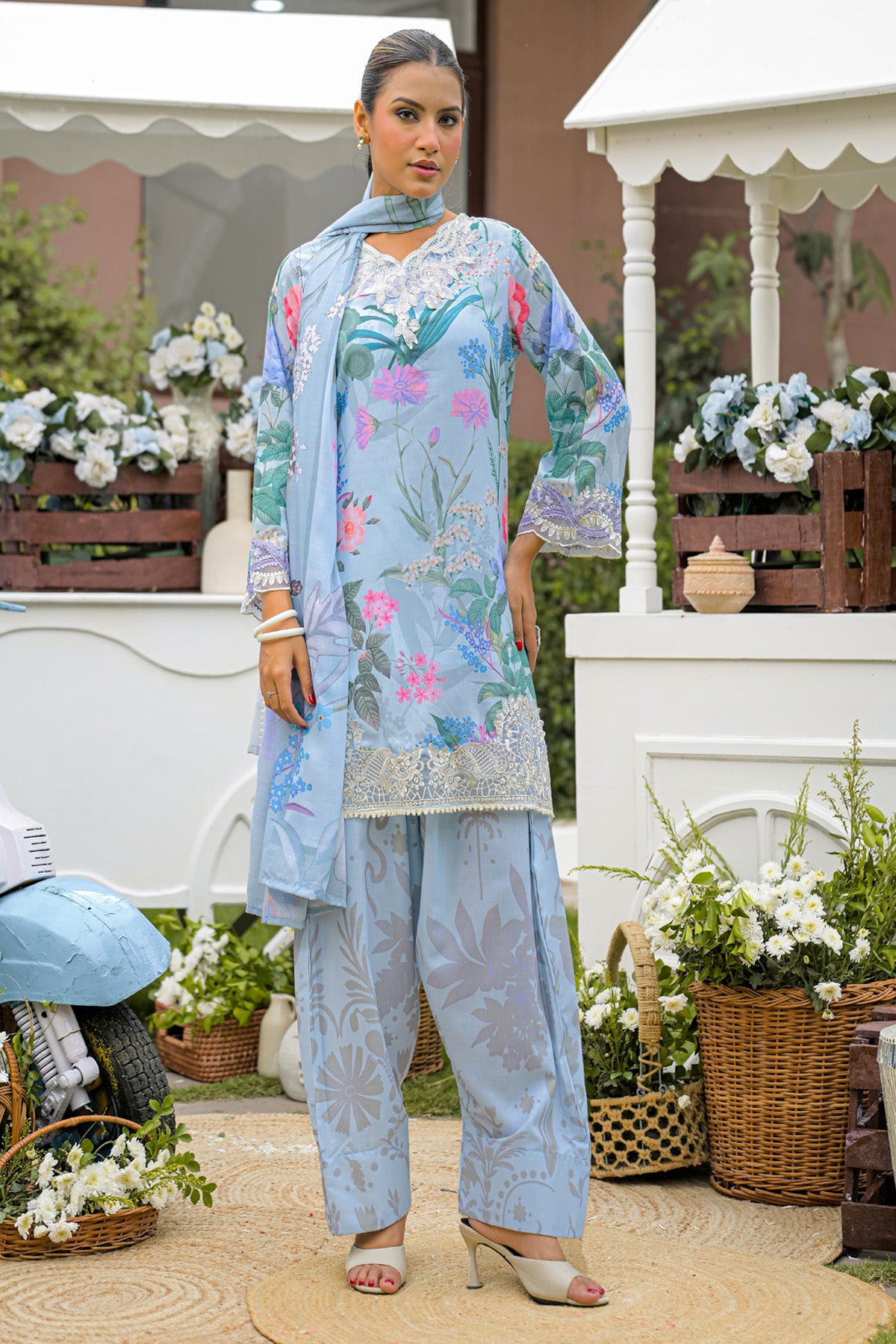 Powder Blue Cotton Embroidered Farshi Suit Set With Dupatta