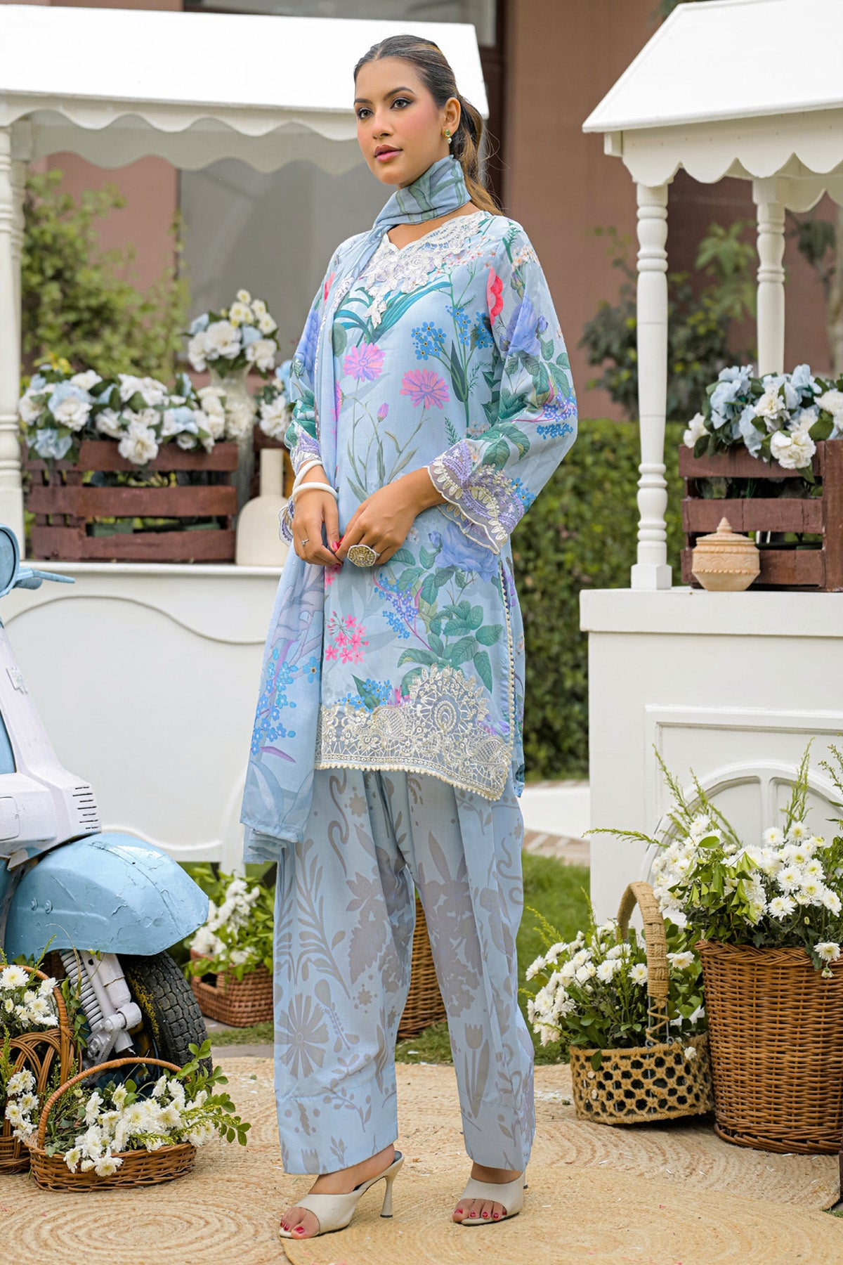 Powder Blue Cotton Embroidered Farshi Suit Set With Dupatta