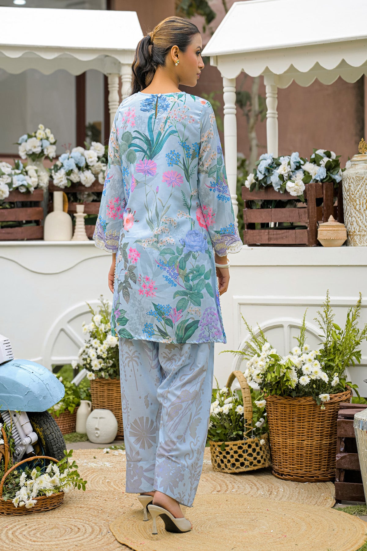 Powder Blue Cotton Embroidered Farshi Suit Set With Dupatta