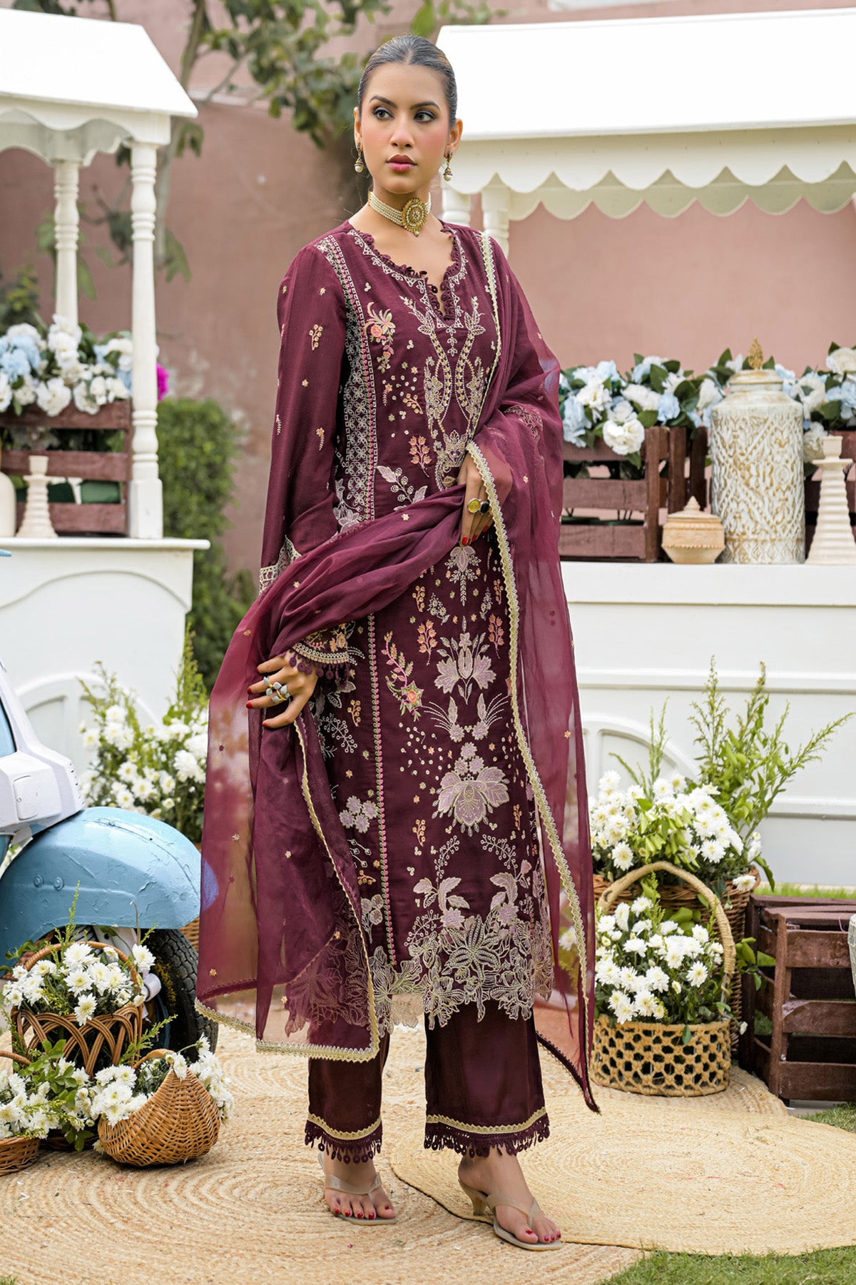 Burgundy Silk Blend/chambray Embroidered Straight Suit Set With Dupatta
